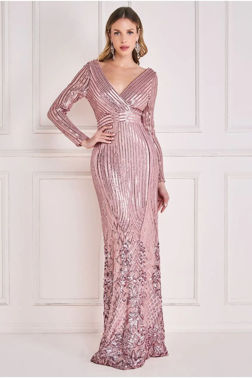 Long Sleeve Sequin V Wrap Maxi Dress