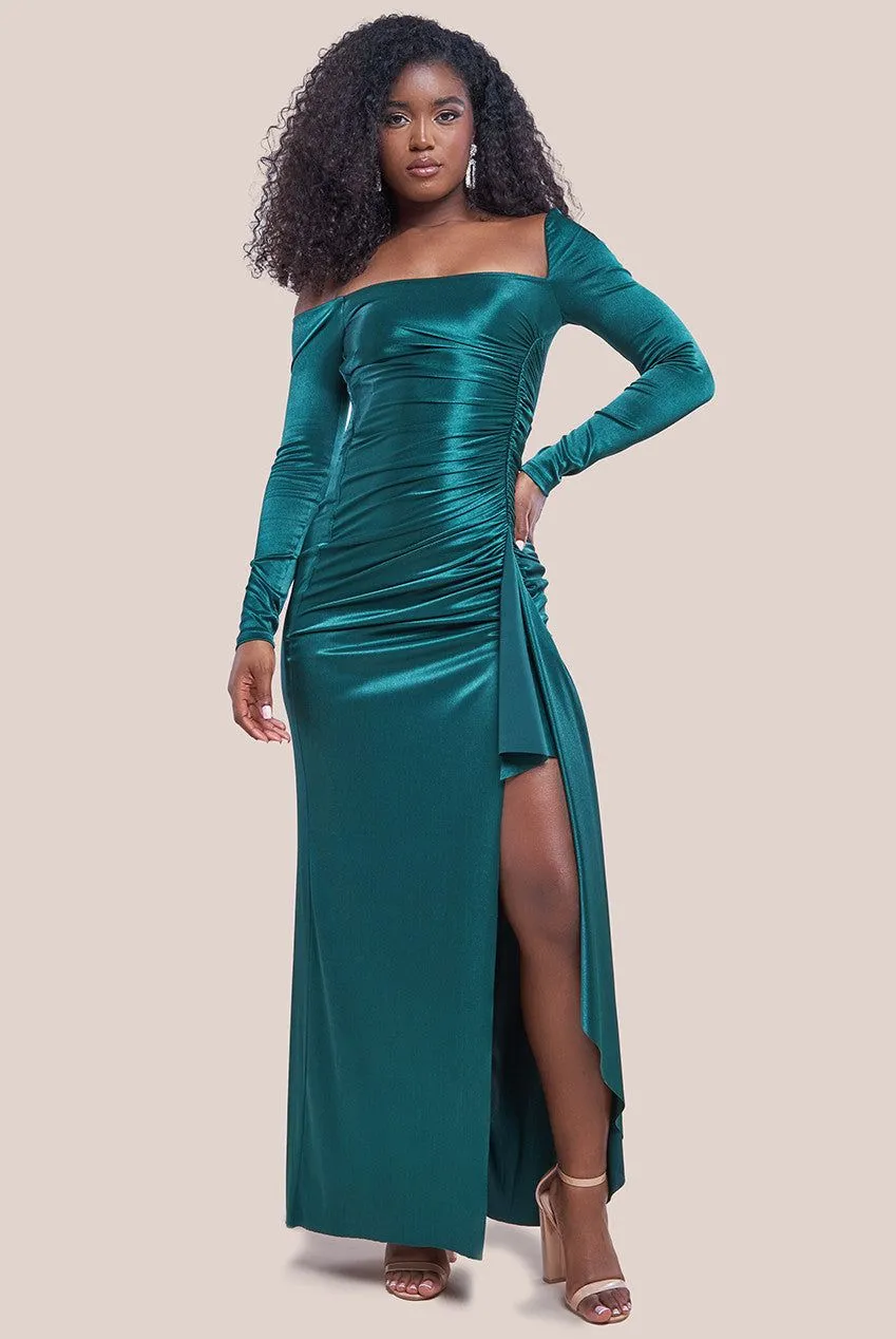 Slinky Satin One Shoulder Split Maxi Dress