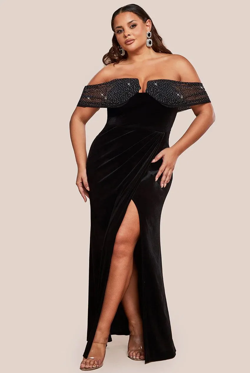 Off Shoulder Hotfix Diamante Wing Velvet Maxi Dress