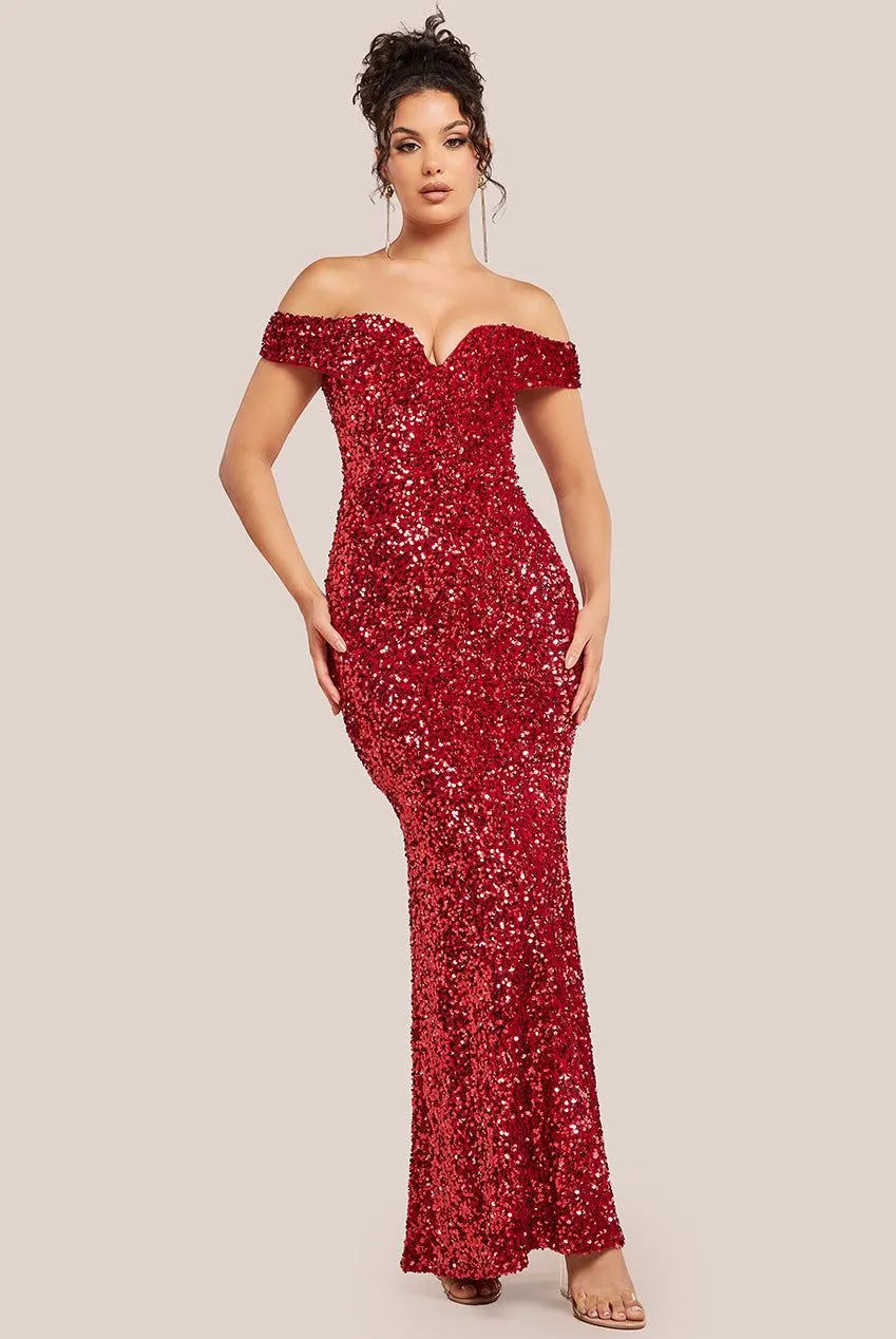 Sequin Velvet Bardot Evening Maxi Dress