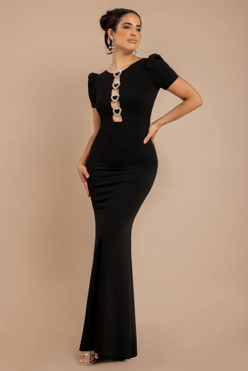 Diamante Embellished Heart Brooch Scuba Maxi Dress