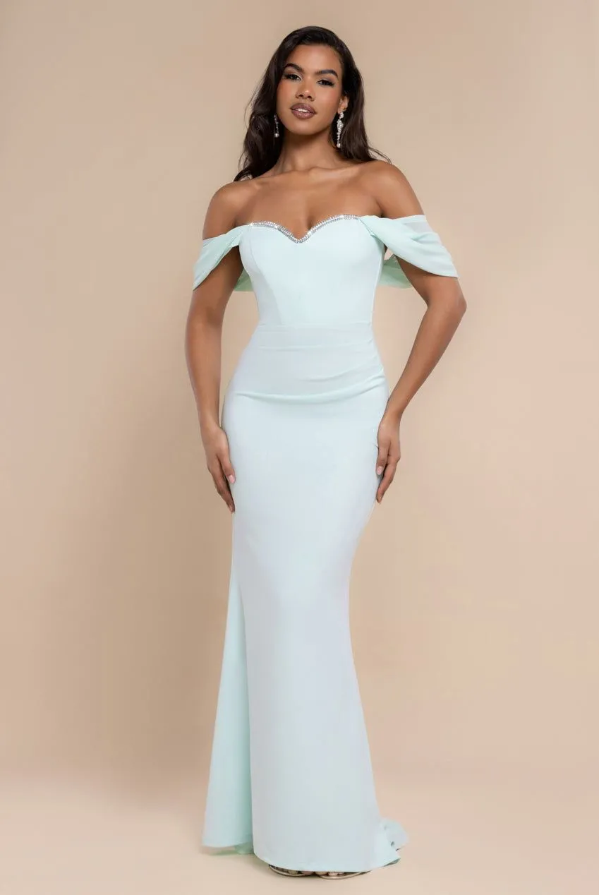 Off The Shoulder Draped Sleeve Maxi Dress With Diamante Neckline