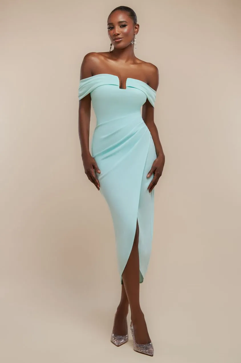 Off The Shoulder Chiffon Wing Scuba Crepe Midi Dress