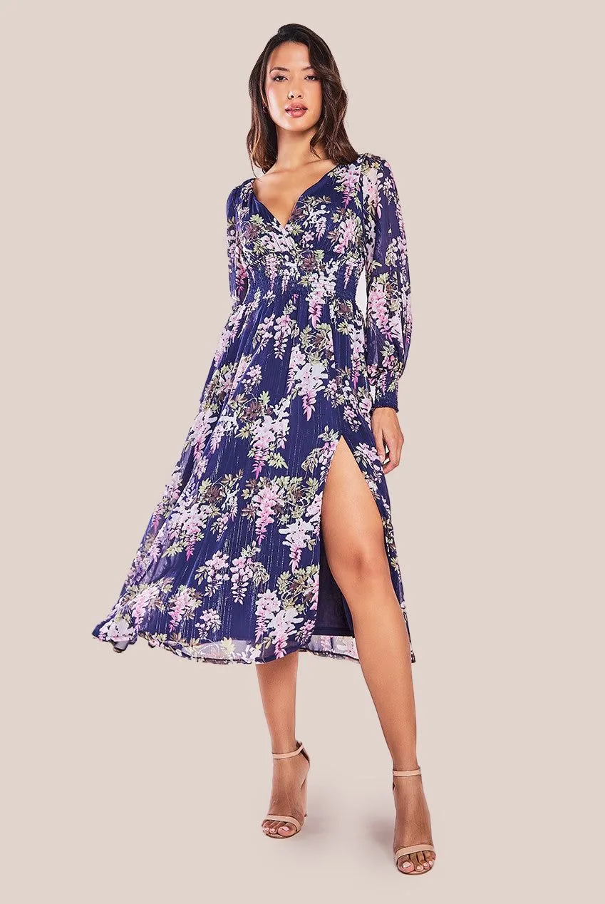 Printed Lurex Chiffon Long Sleeve Midi Dress