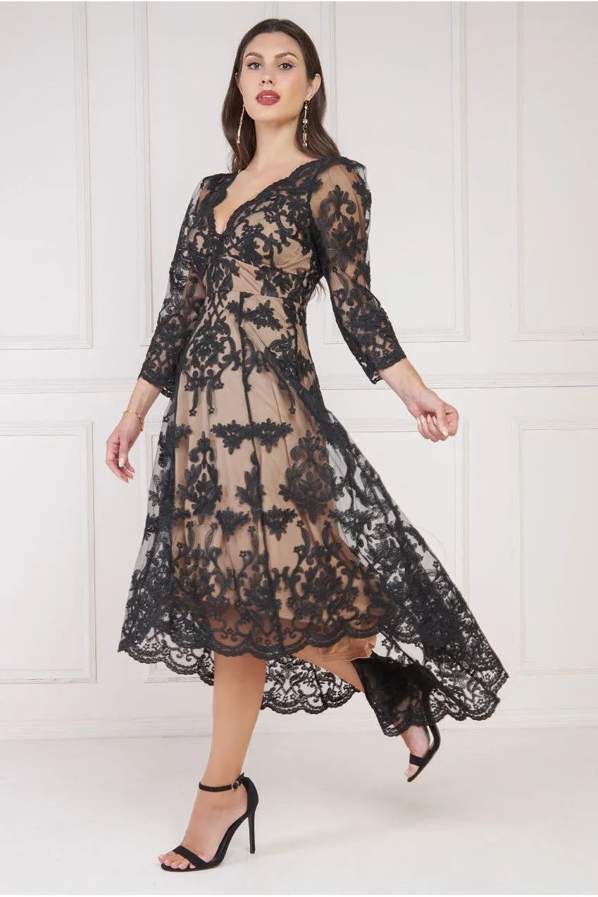 Scalloped Lace Dipped Hem Midi Dress