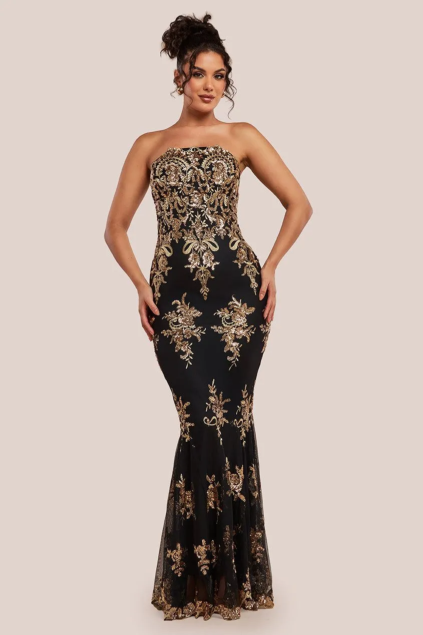 Scallop Bandeau Sequin Mesh Maxi Dress