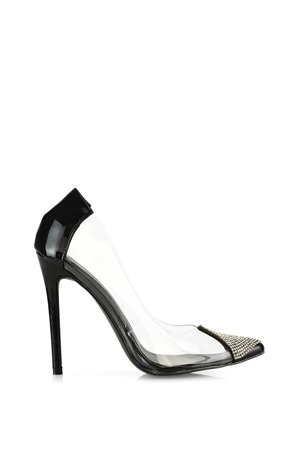 'Kaz' Pointed Toe Perspex Stiletto Court Heel Shoes With Diamante Detail