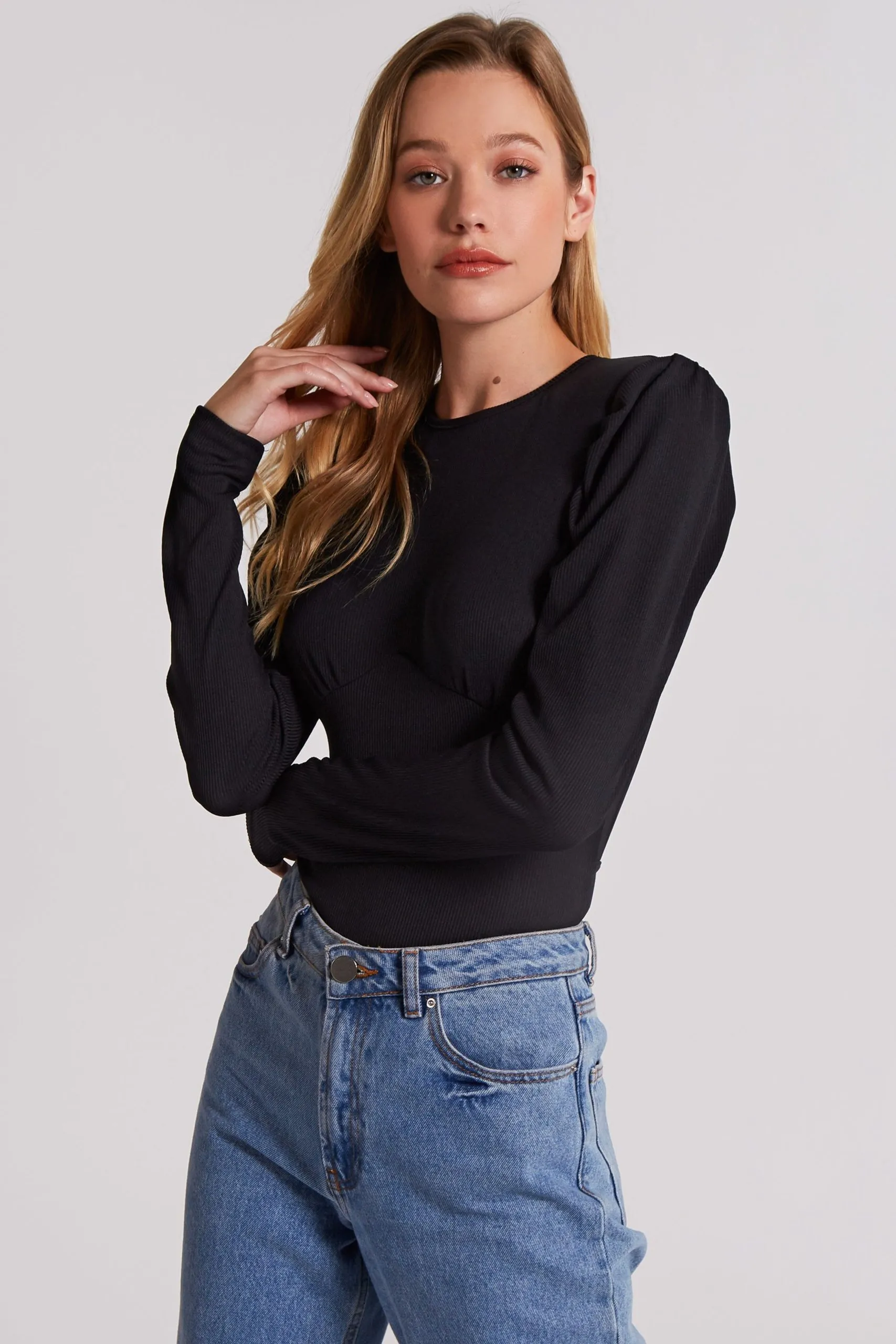 Black Ribbed Open Back Bodysuit