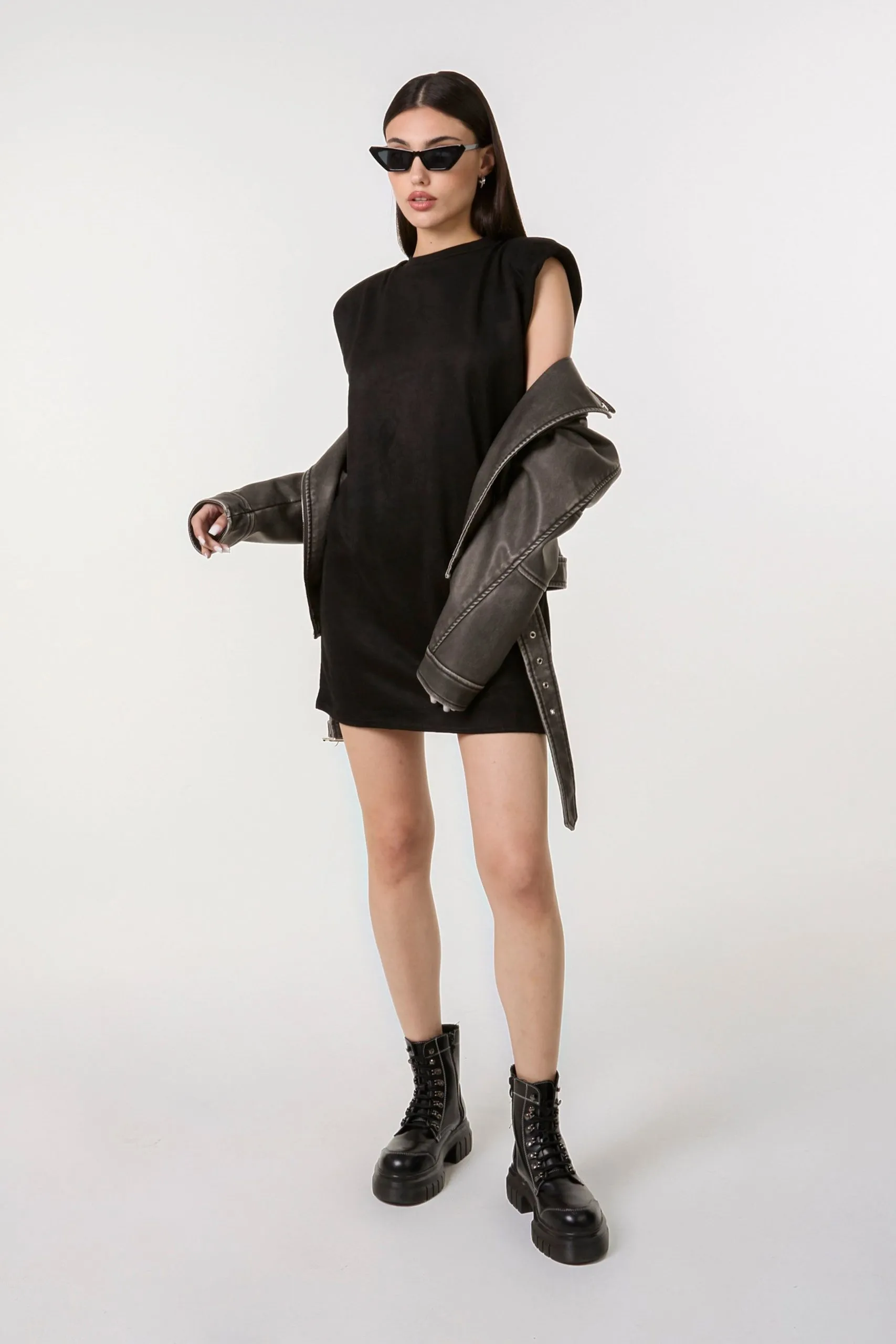 Black Suedette Shoulder Pads Sleeveless Dress