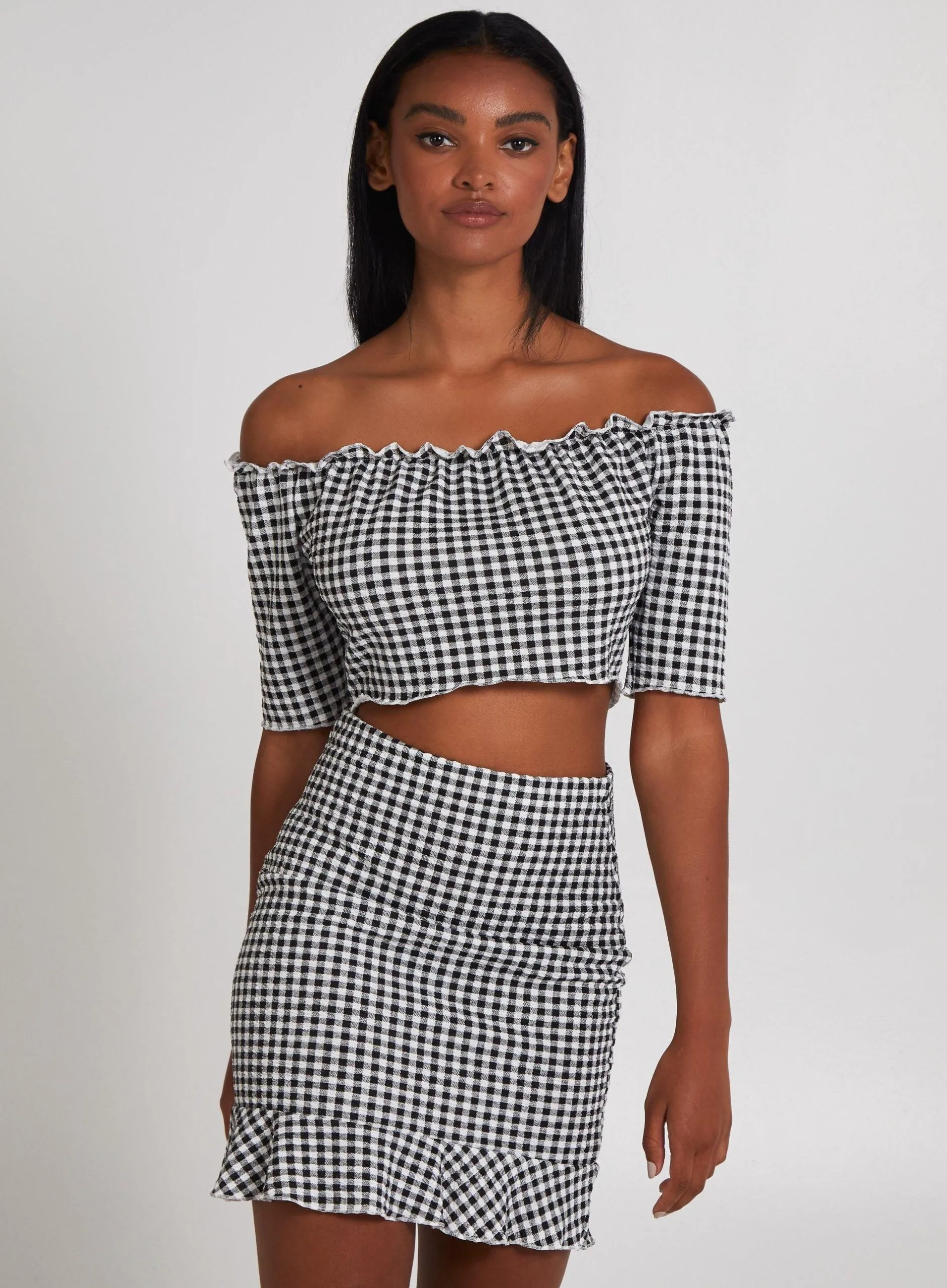 Frill Detail Gingham Bardot Top