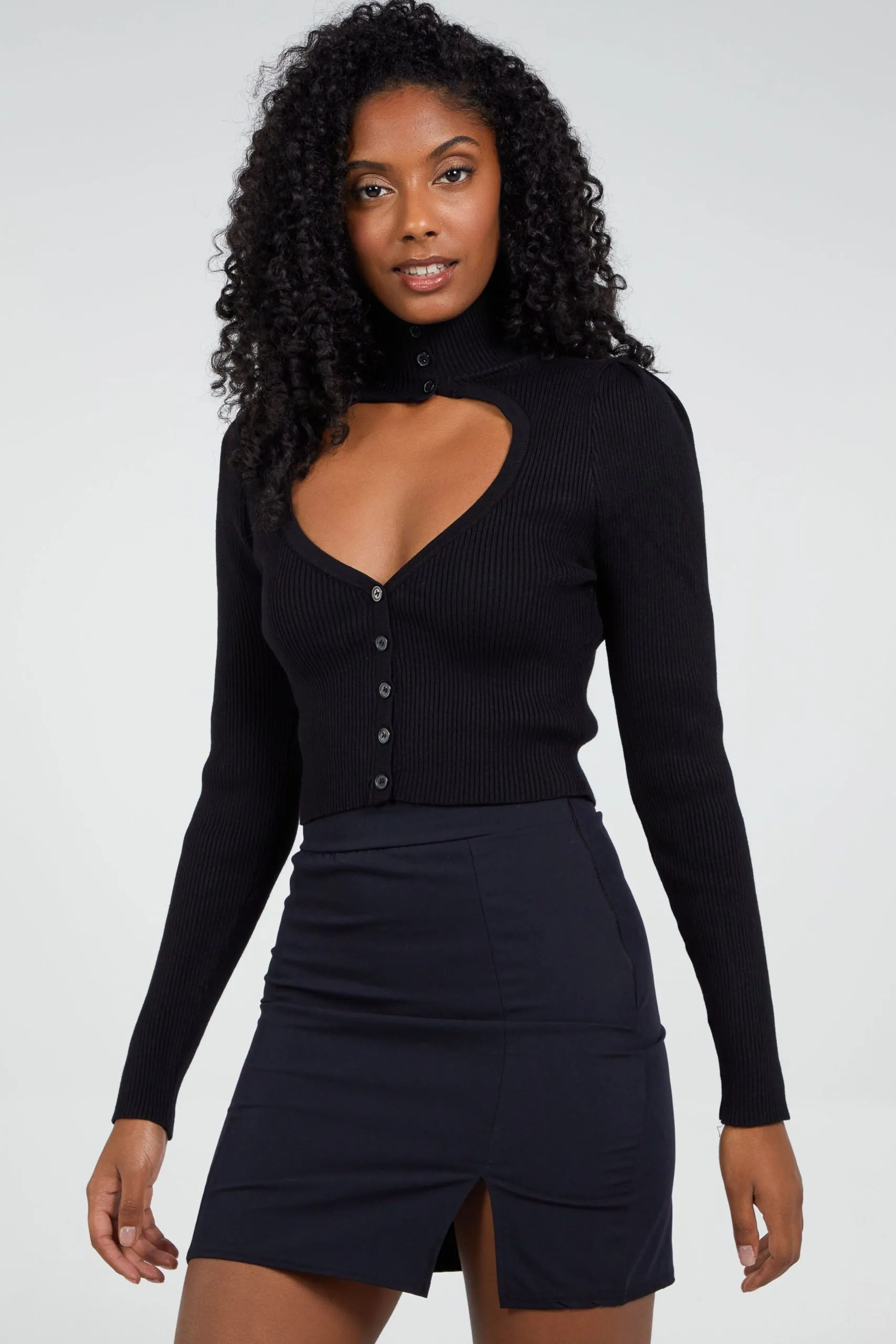 Black Ribbed Buttoned Cut Out High Neck Top