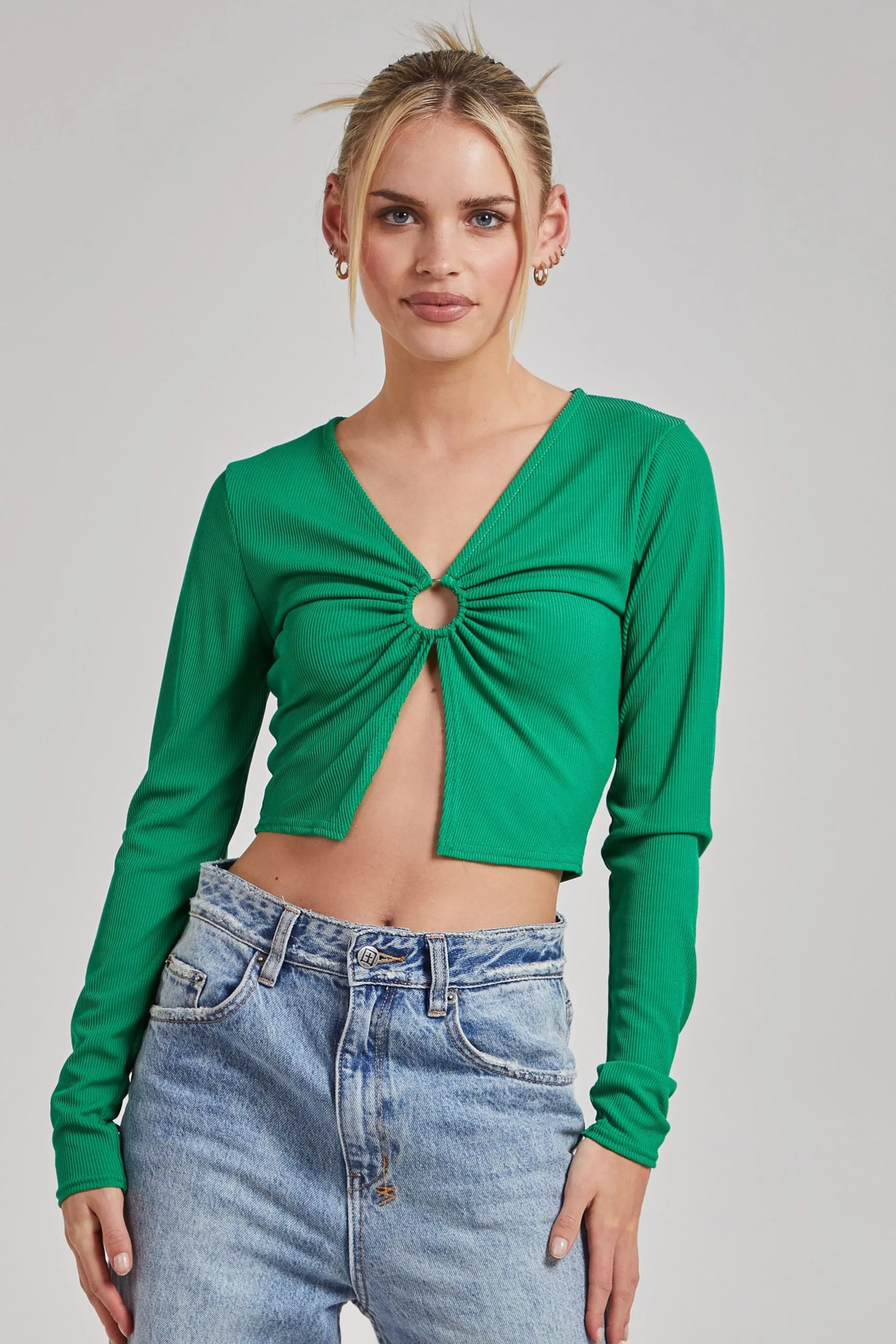 Green Long Sleeve Cut Out Ribbed Top