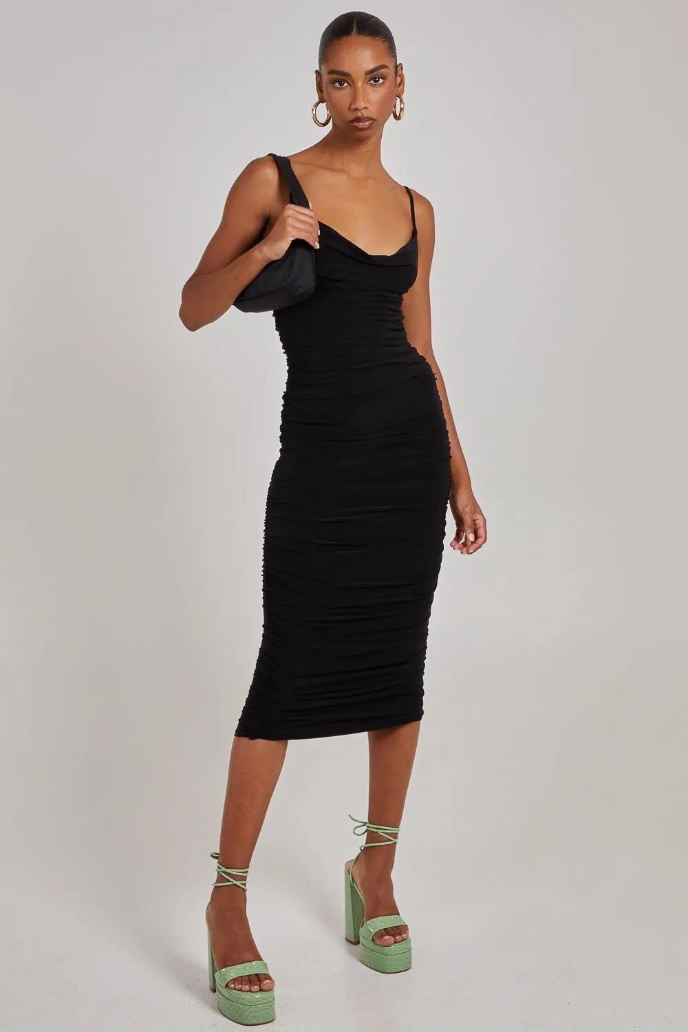 Cowl Neck Gathered Midi Dress