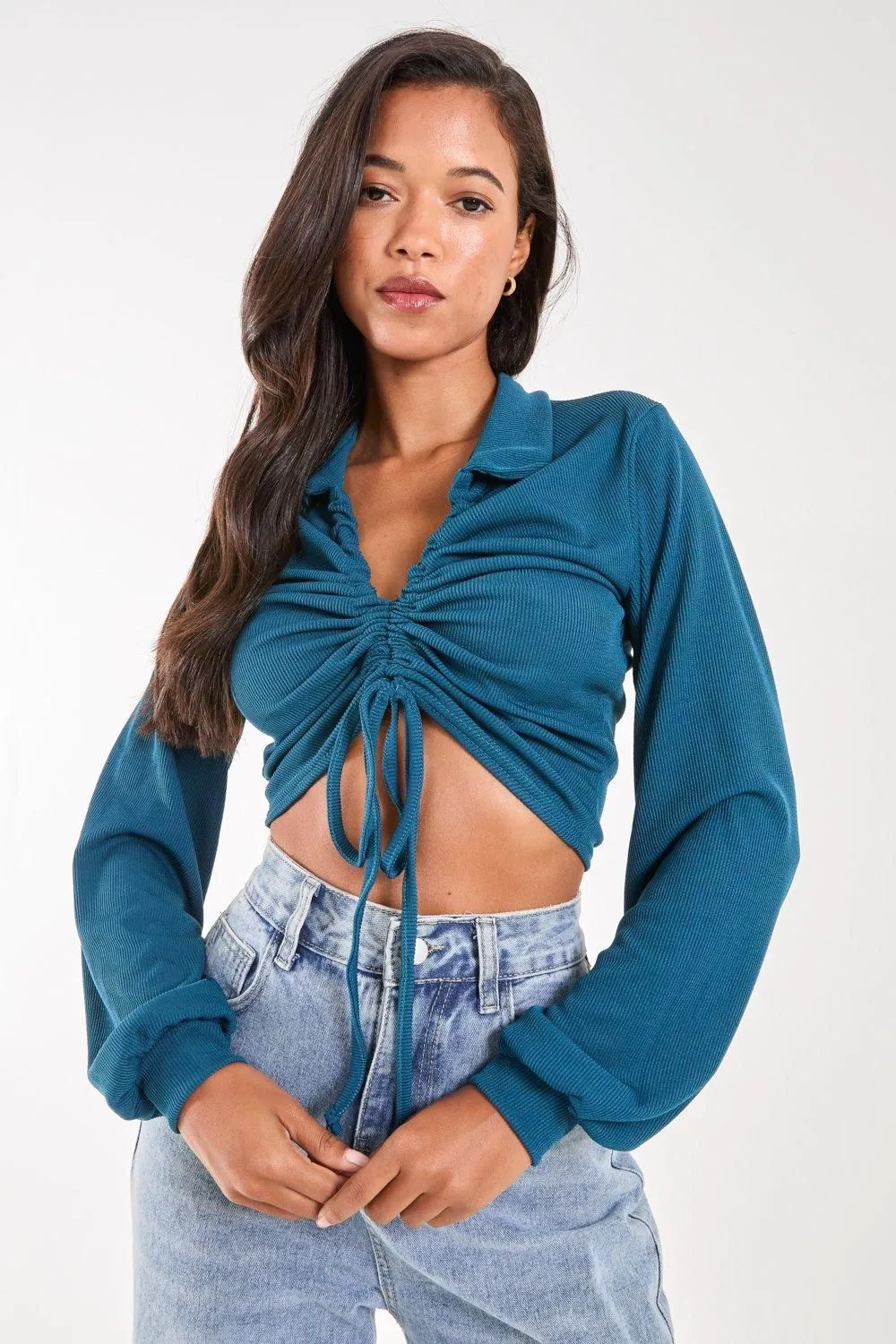 Ribbed Ruched Long Sleeve Collared Shirt