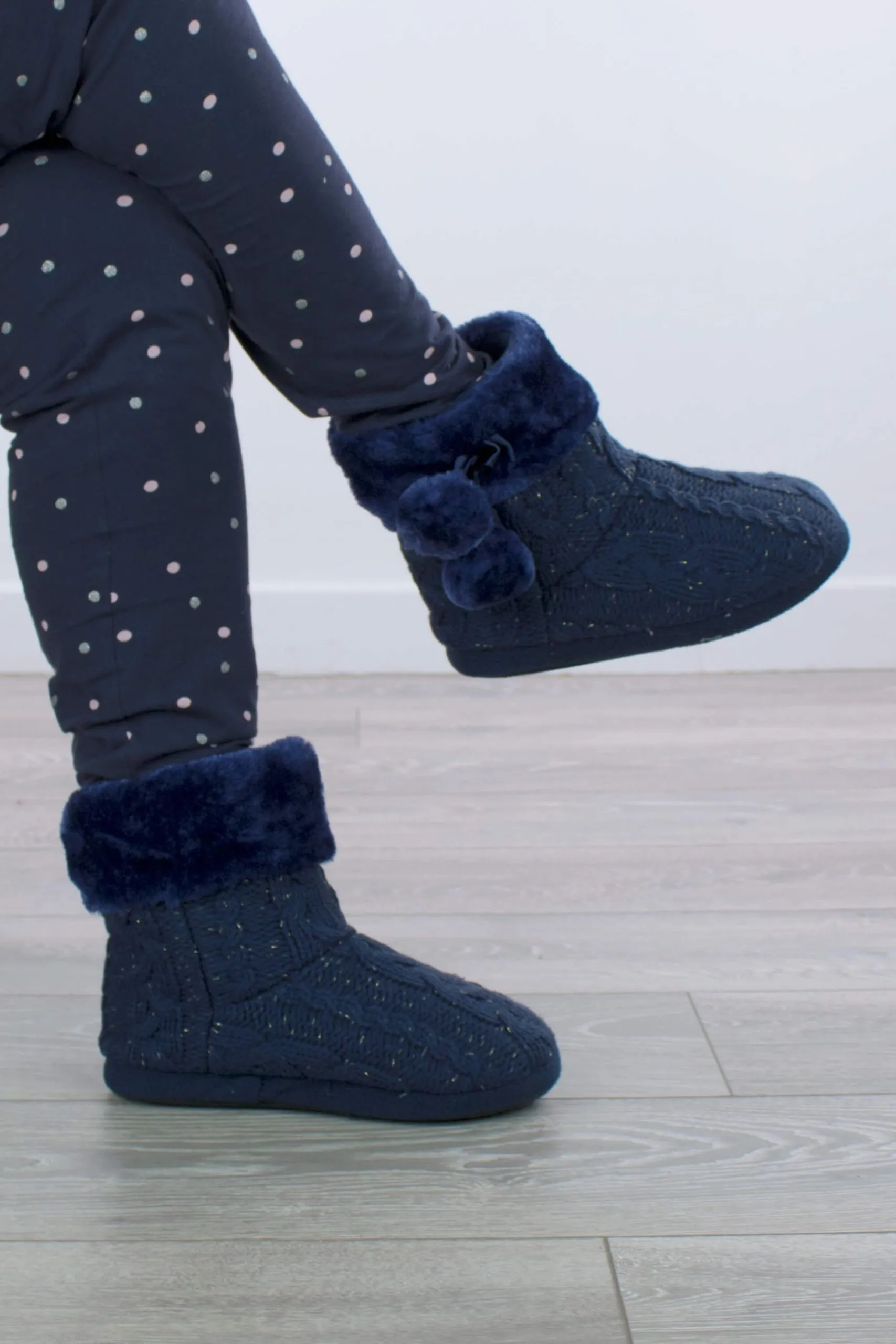 Heel Glitter Cable Knit Pom Pom Ankle Boots  Slippers