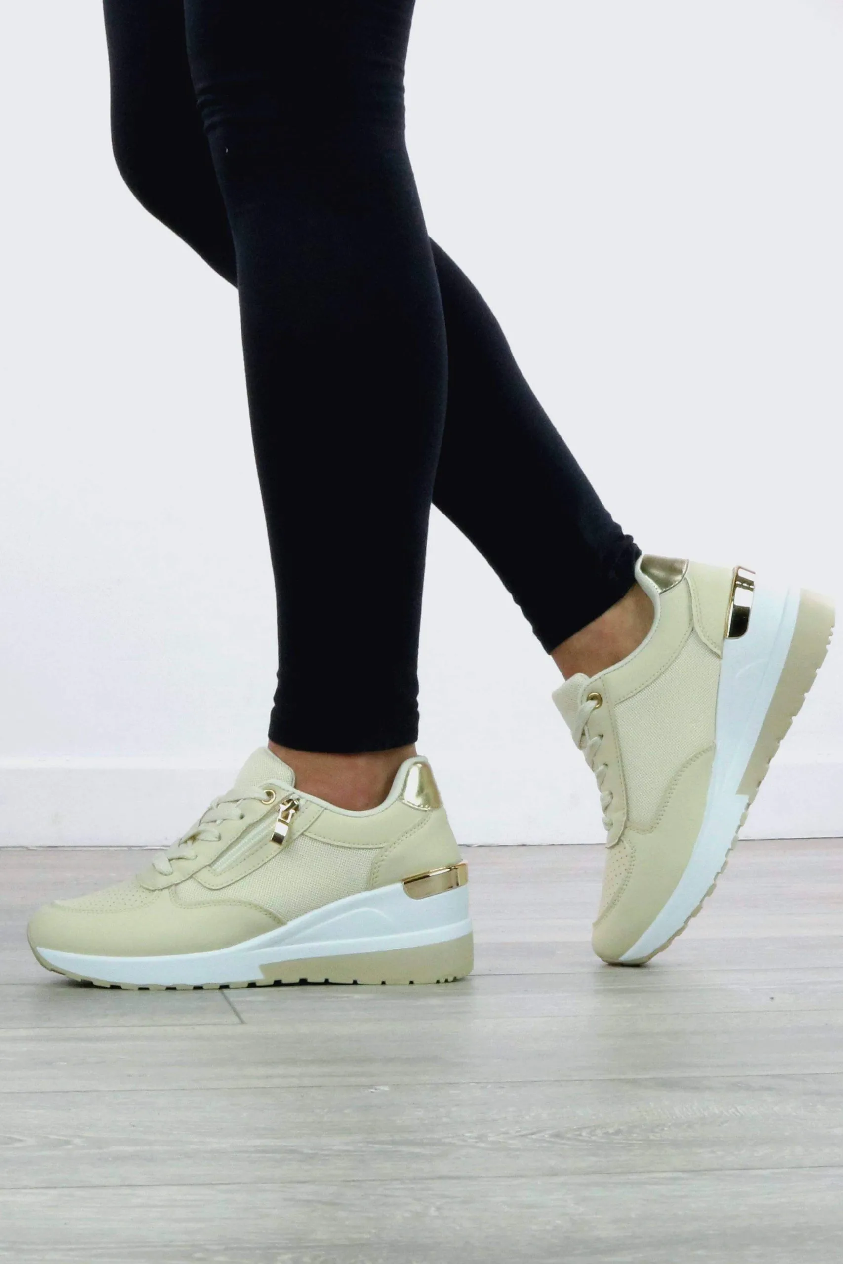 Mid Wedge Heel Gold Trim Lace Up Trainers