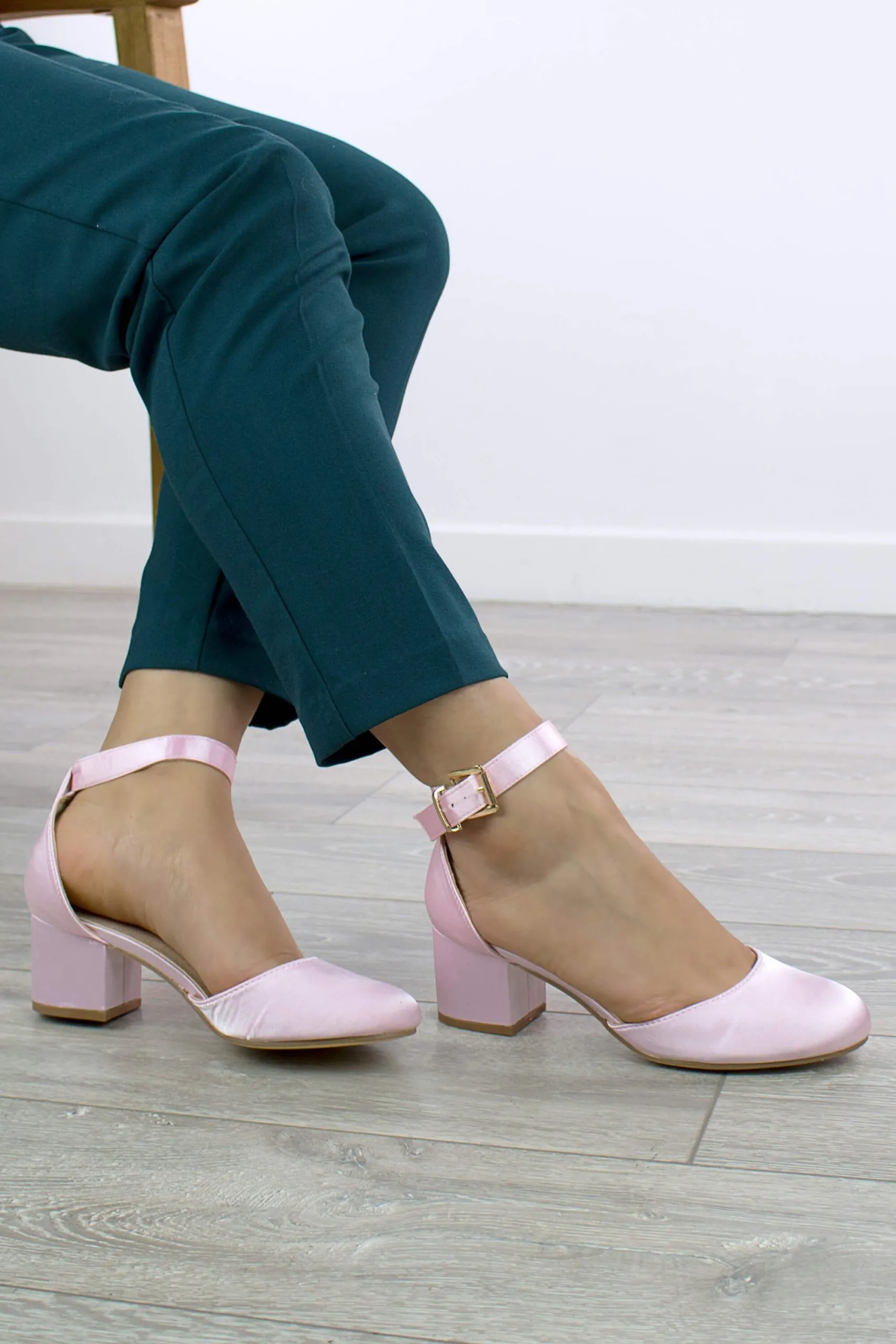 Mid Block Heel Buckle Ankle Strap Satin Heeled Sandals