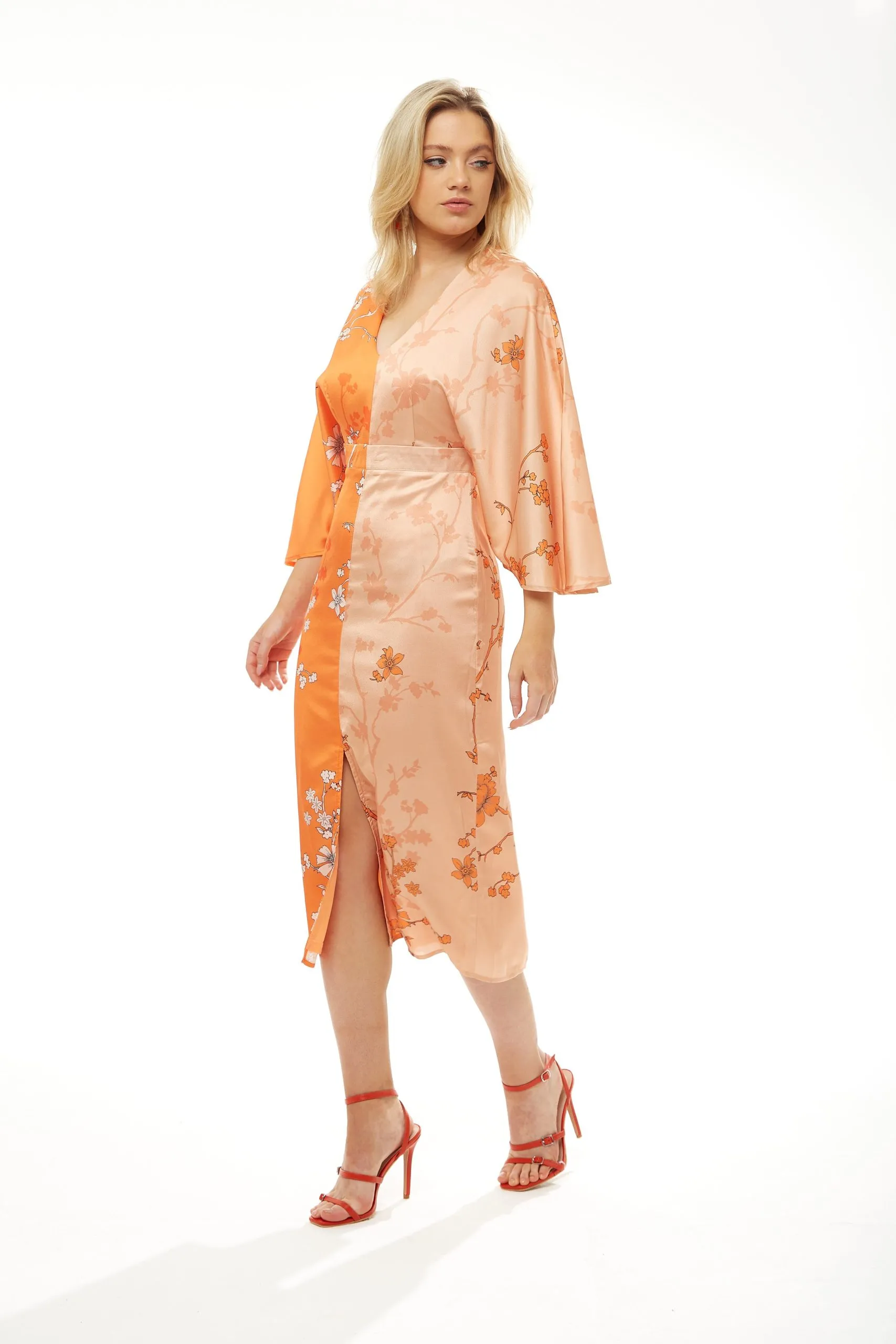 Kimono Midi Dress with Open Back in Orange Oriental Print