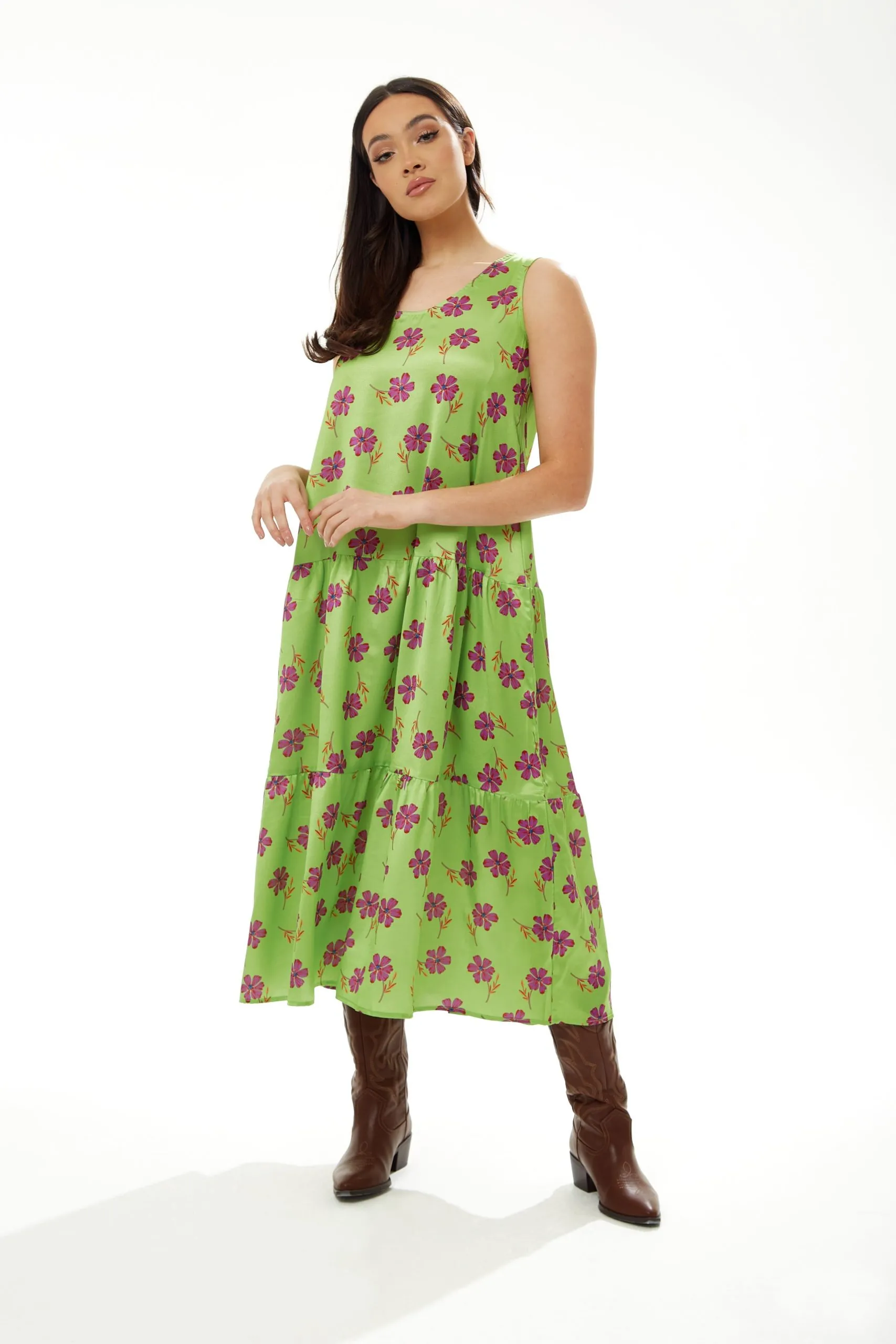 A-Line Maxi  Dress In Green Floral Print