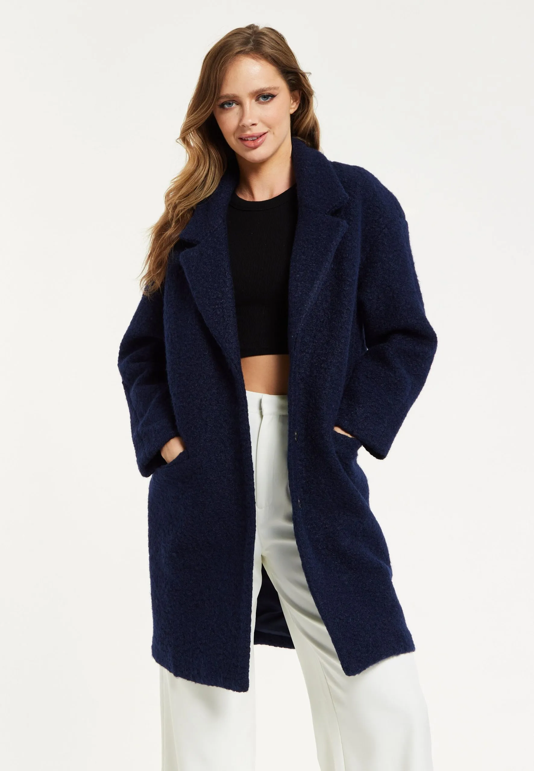 Classic Navy Bouclé Coat with Notched Lapels