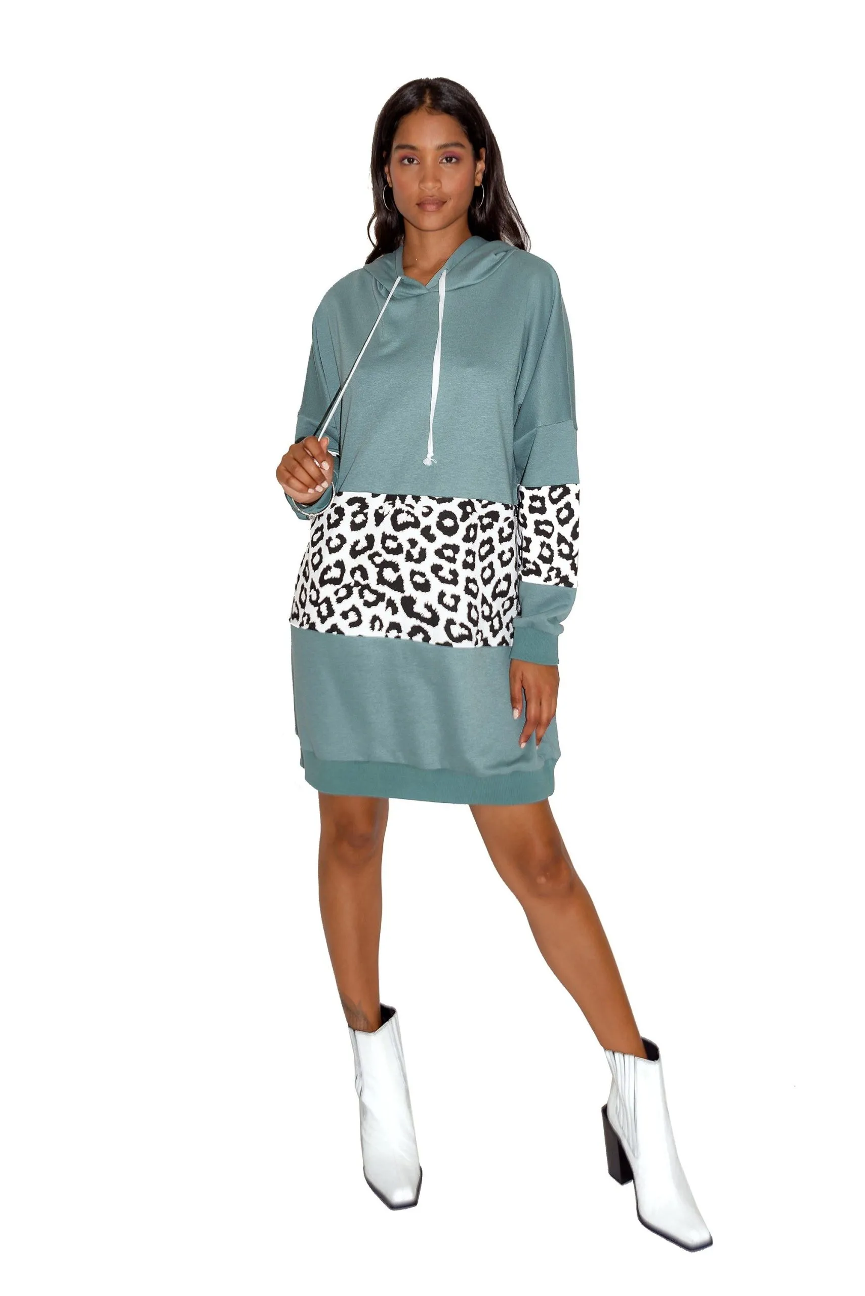 Oversized Loungewear Hoodie Dress in Sage and Leopard Print
