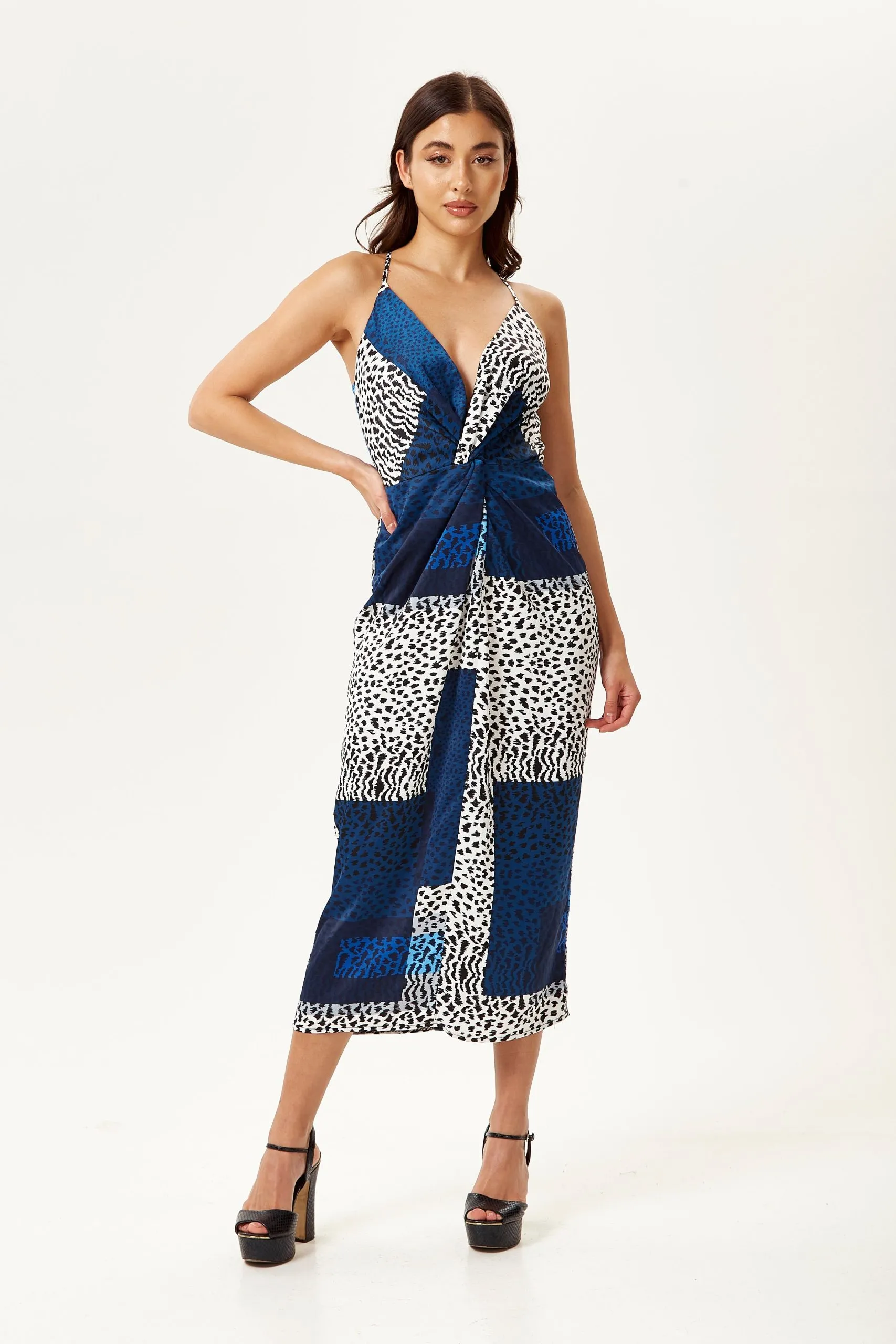 Cami Midi Dress in Blue Animal Print