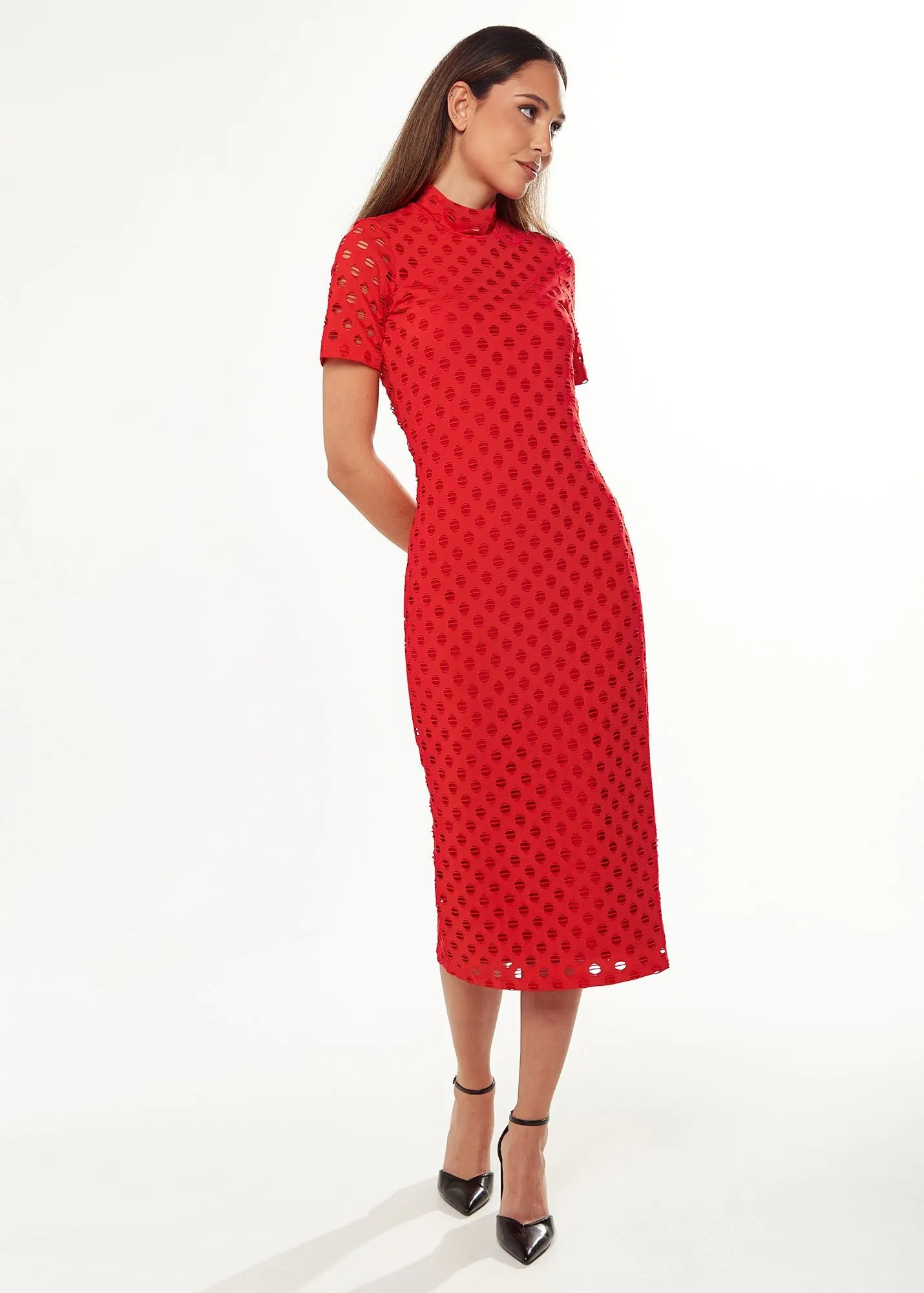 Midi Dress with High Neck, Short Sleeves and Open Back Detail in Red