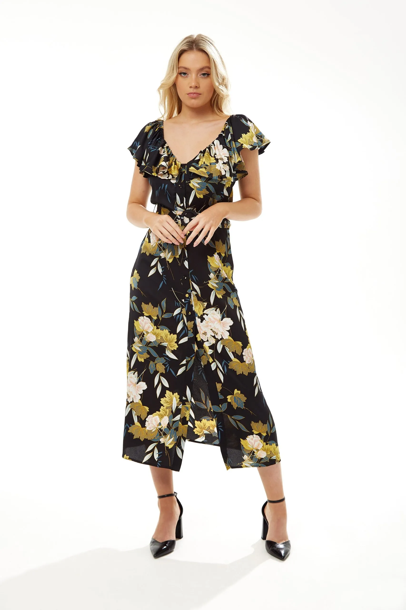 Belted Midi Dress with Off Shoulder Sleeves in Navy Floral Print