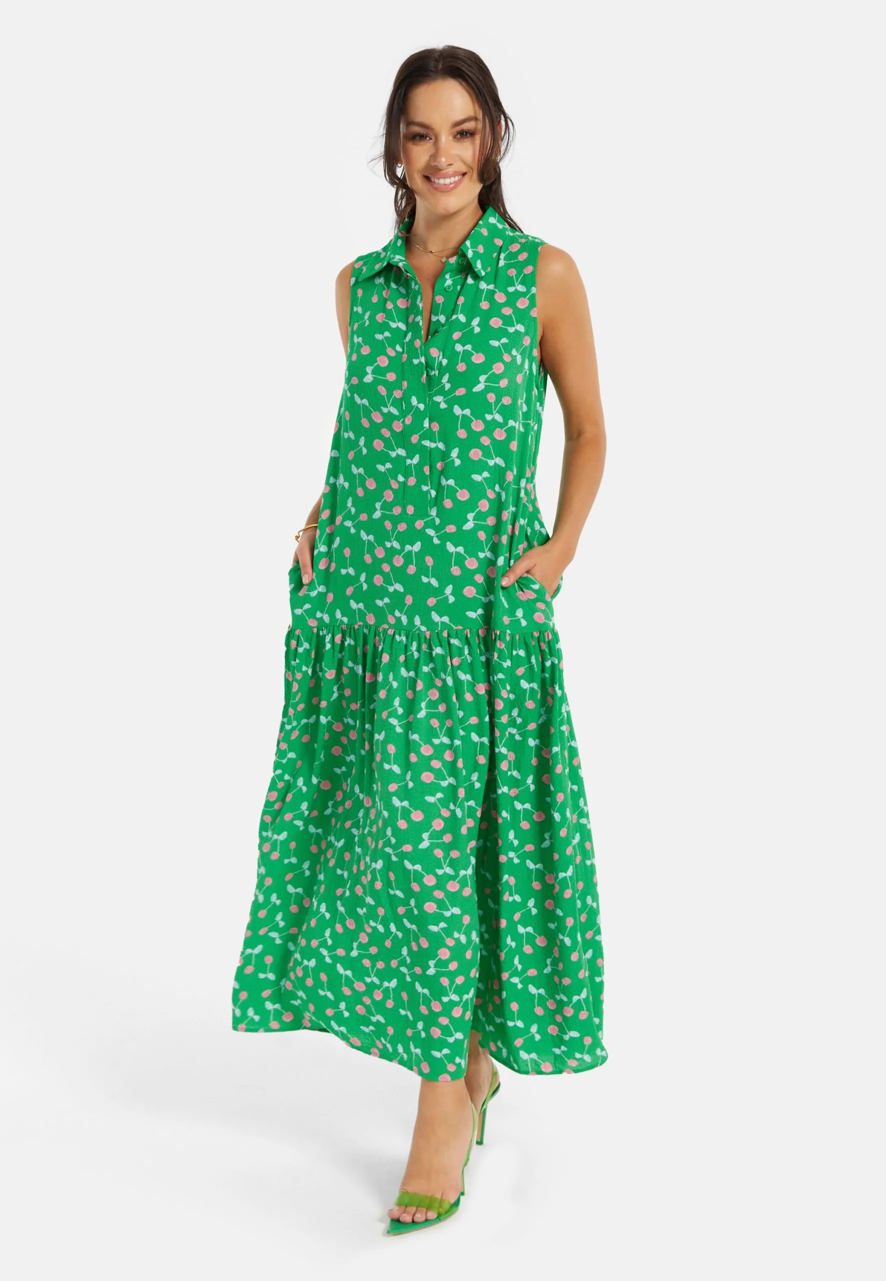 Oversized Cherry Print Maxi Dress in Green