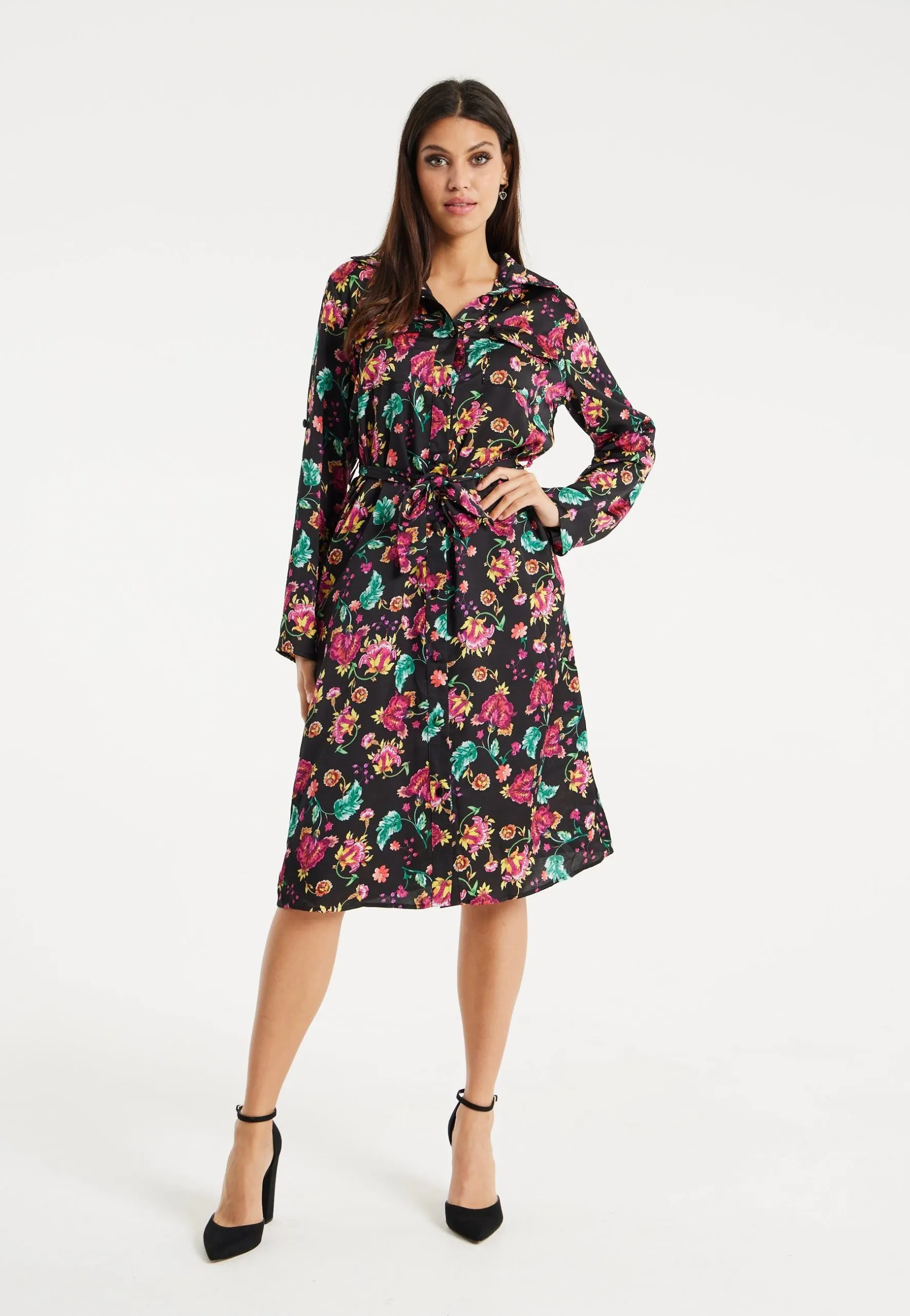 Floral Print Shirt Dress In Multicolour & Black
