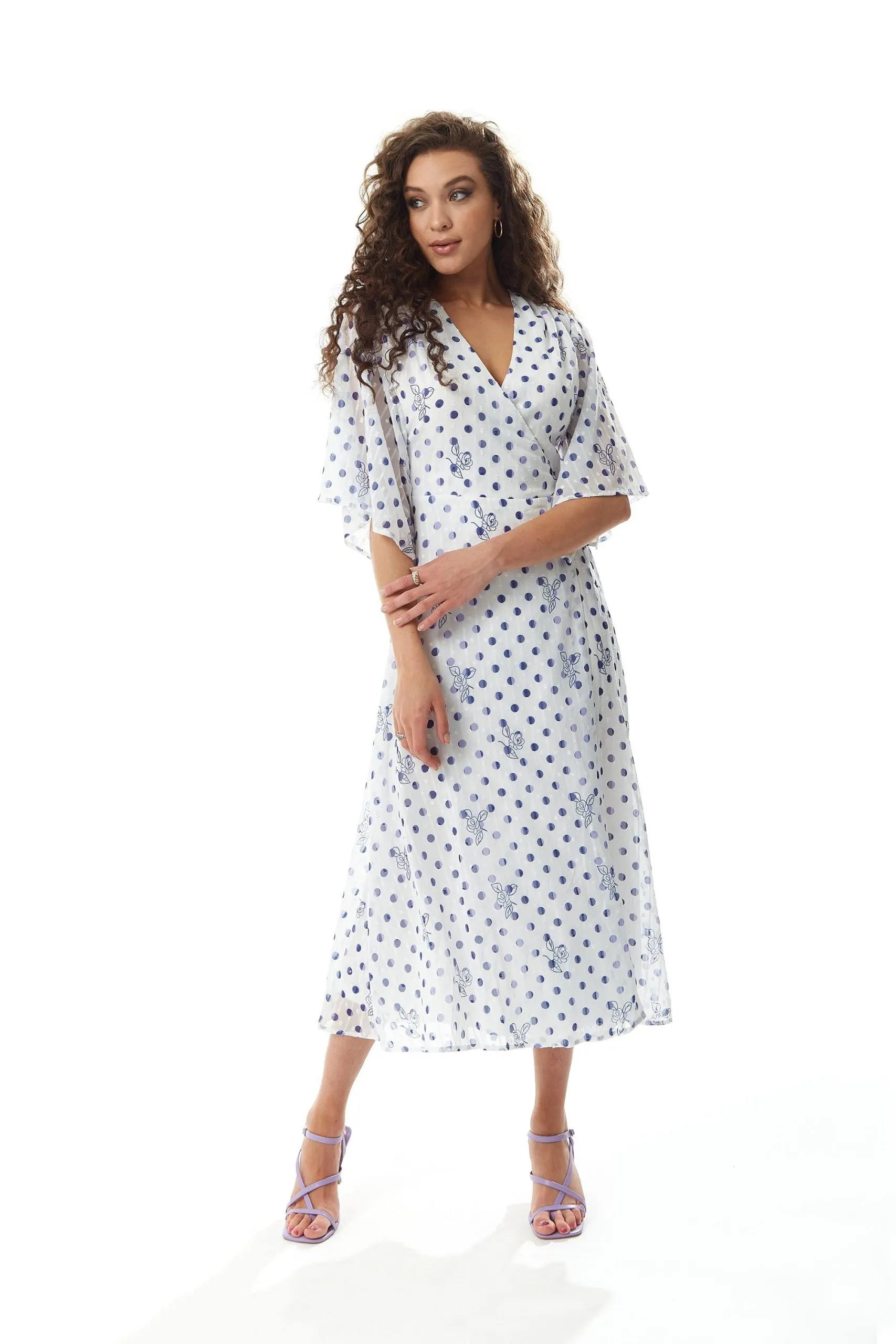 Blue Floral and Polka Dot Print Midi Wrap Dress in White