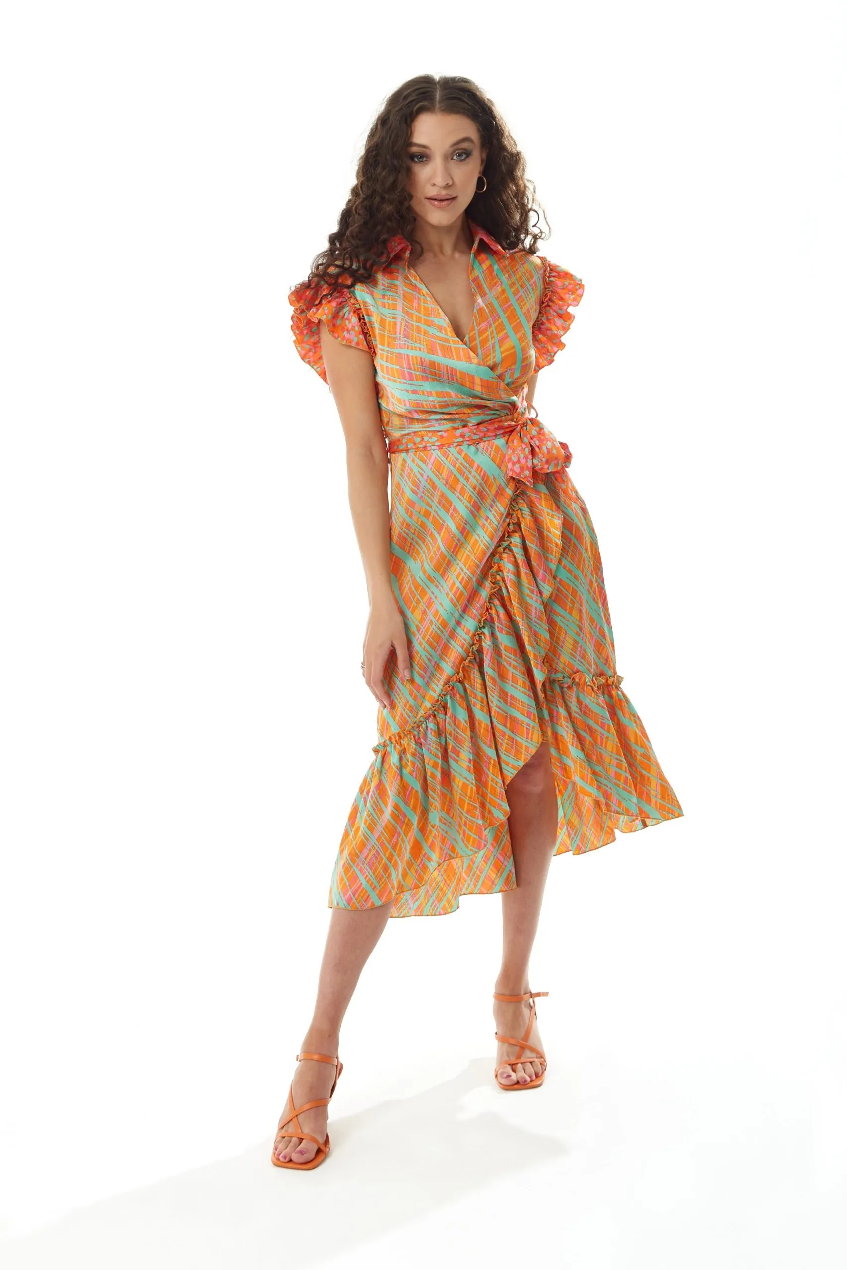 Midi Wrap Dress in Orange Scribble Print with Frill Details