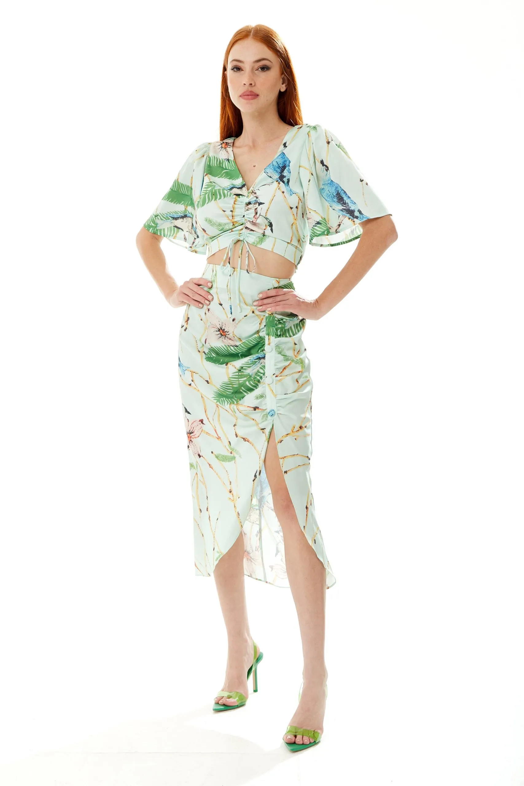 Bird Print Ruched Front Crop Top  in Mint Green