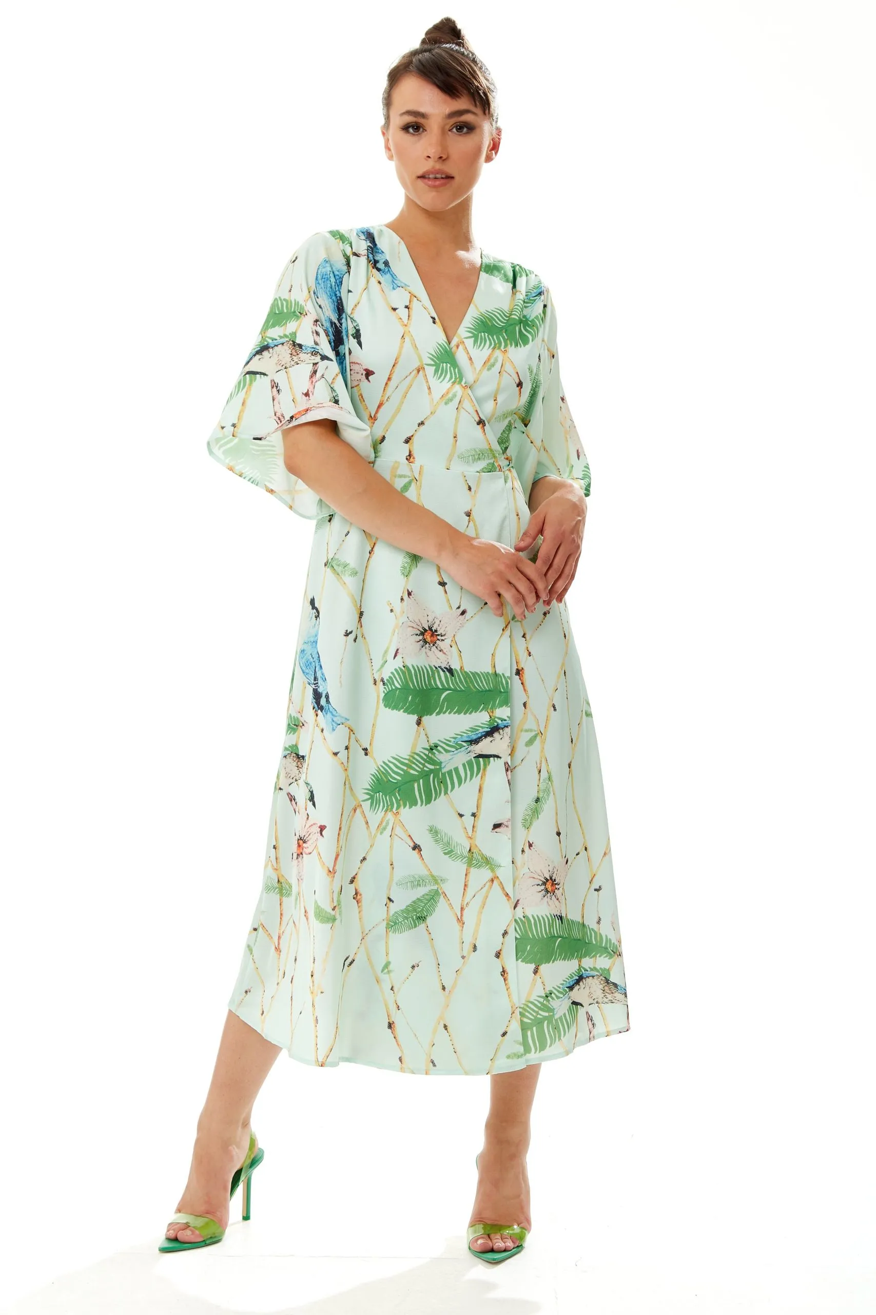Bird Print Maxi Wrap Dress in Mint Green