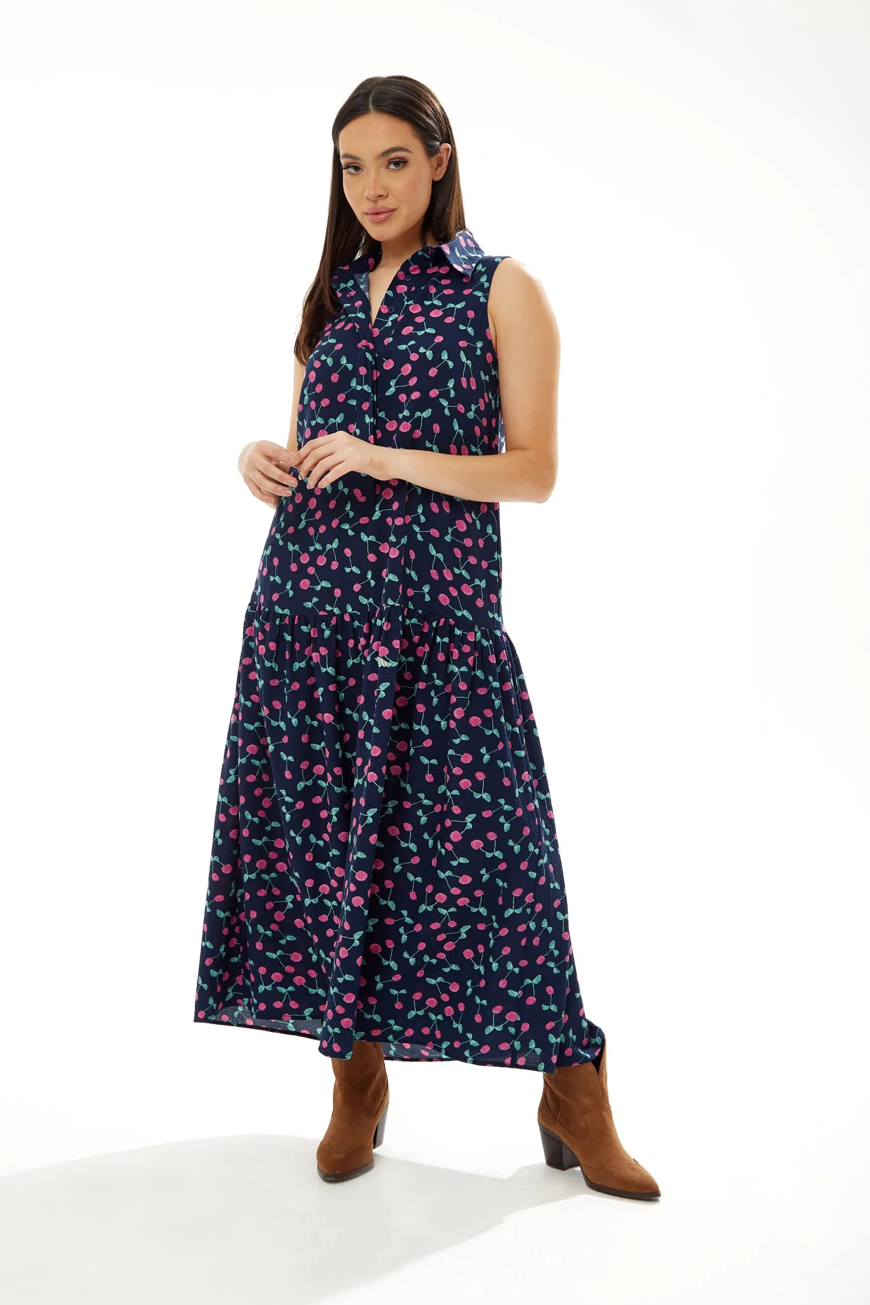 Oversized Cherry Print Maxi Dress in Navy