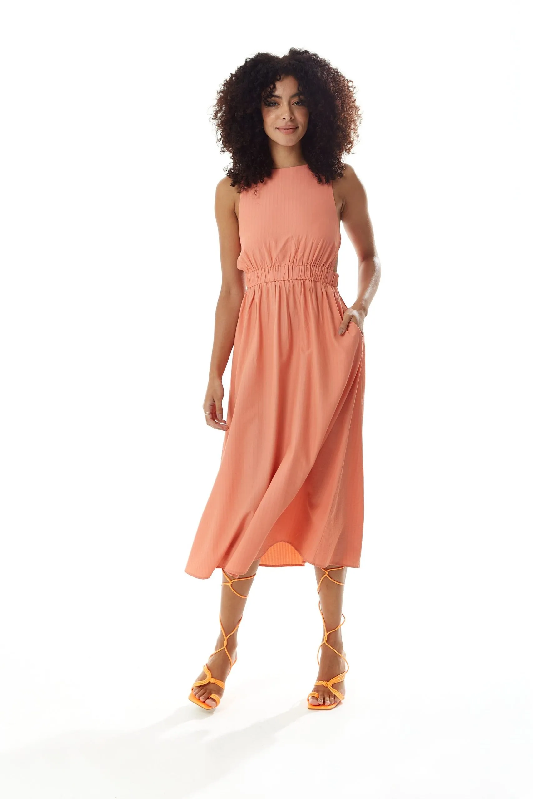 Orange Midi Dress with Open Back and Elasticated Waist