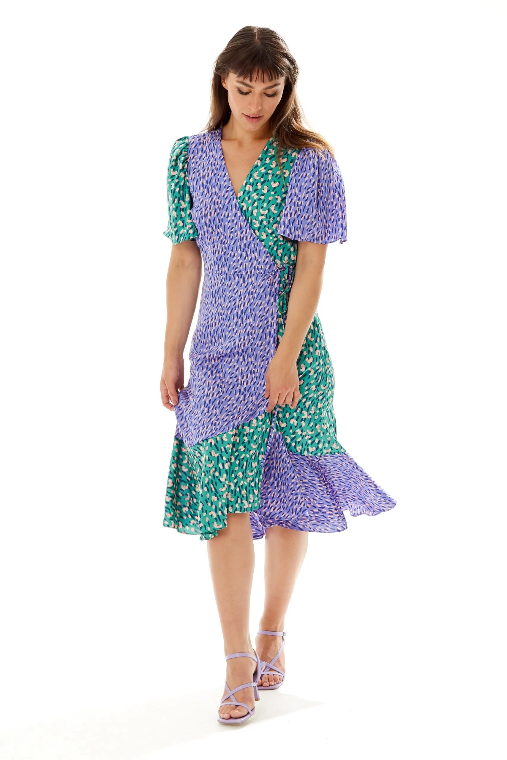 Multi Print Midi Wrap Dress in Contrast Colours