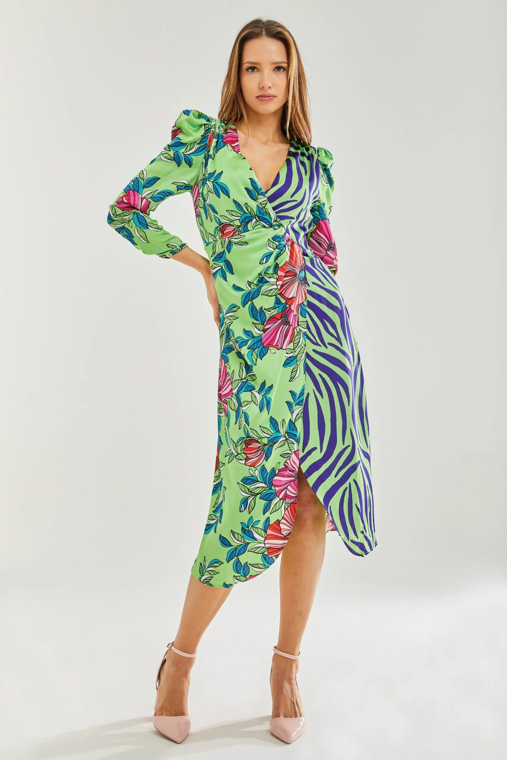 Midi Dress in Floral and Animal Contrast Print with Waist Wrap Detail
