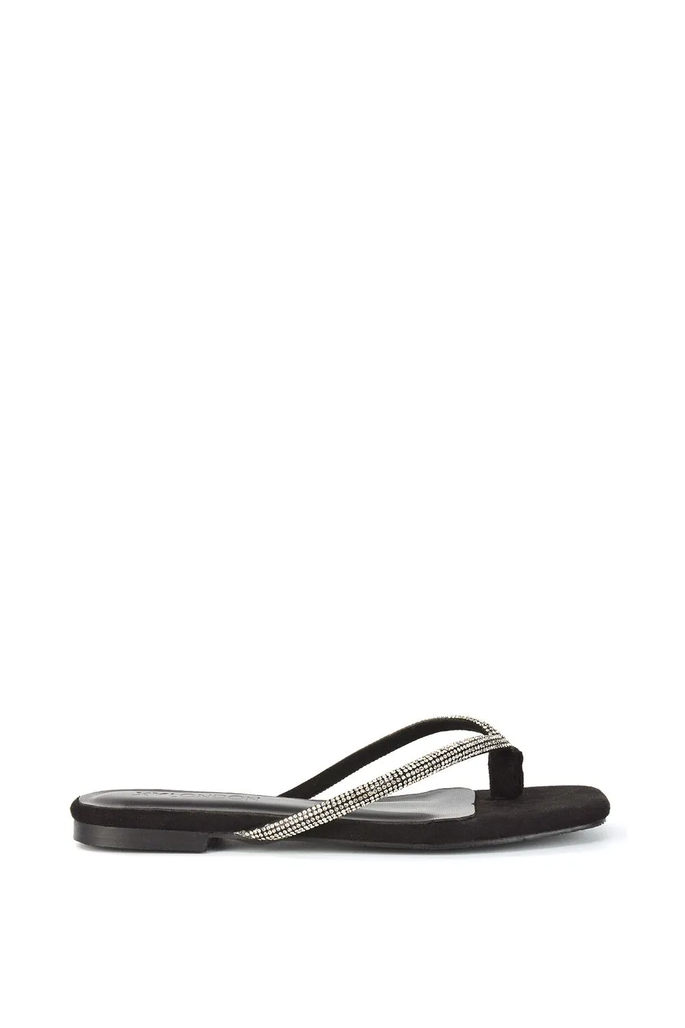 'Raina' Square Toe Thong Strap Flat Diamante Sandal Slides
