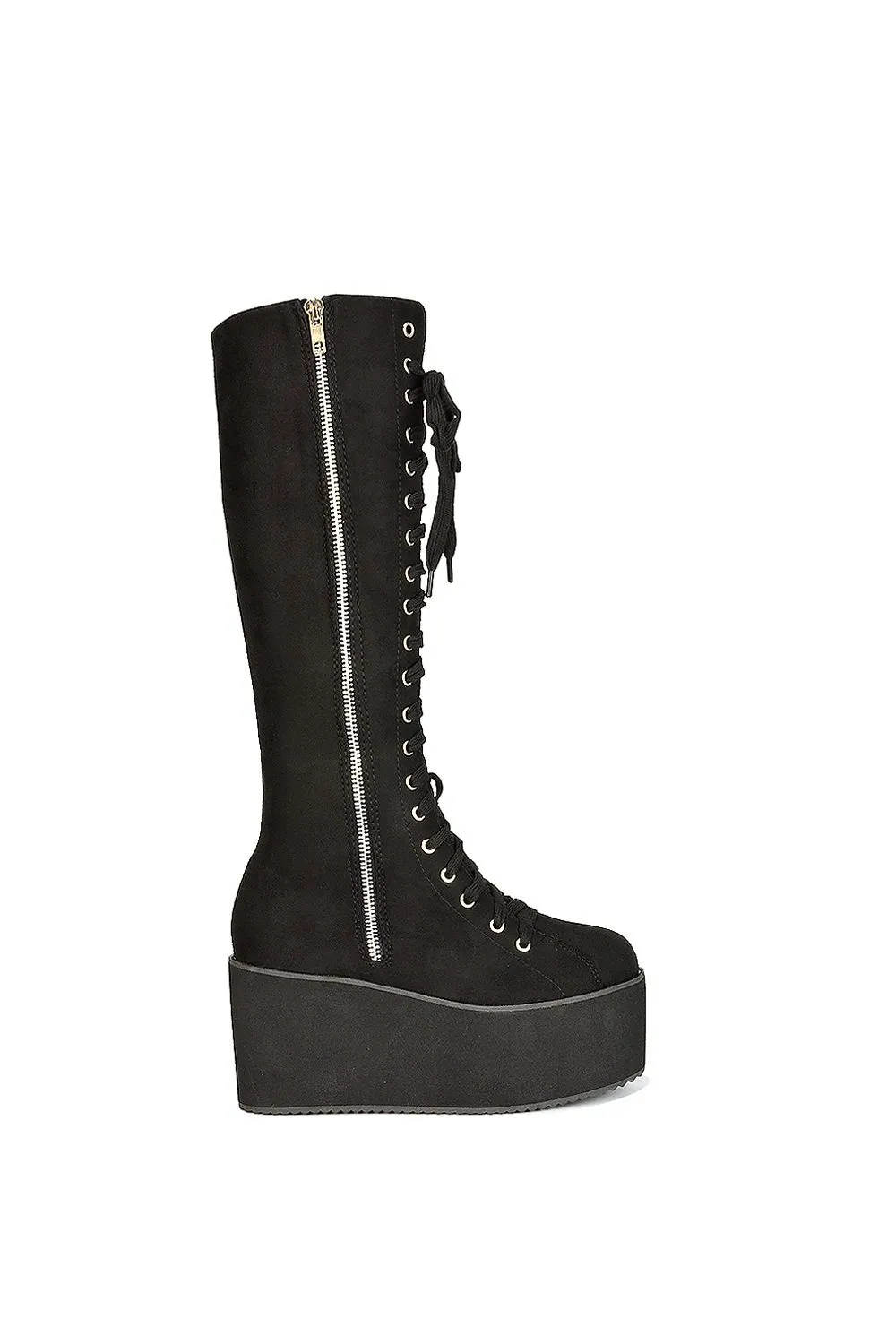 'Kalani' Platform Knee High Boots Lace Up Goth With Deco Zip