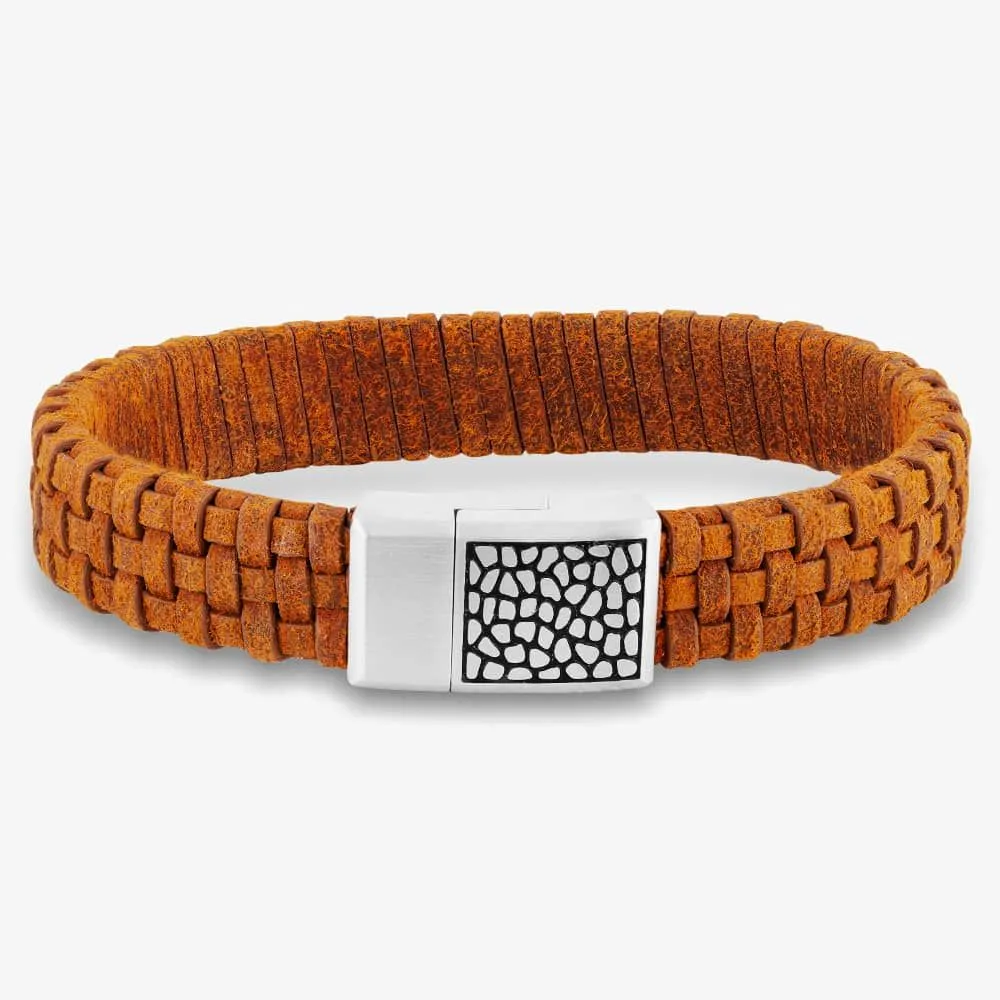 Tan Brown Woven Leather Bracelet OSB-2257SBN