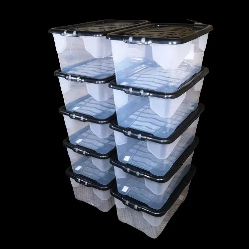 10 x 42L Clear Storage Box with Black Lid, Stackable and Nestable Design Storage Solution