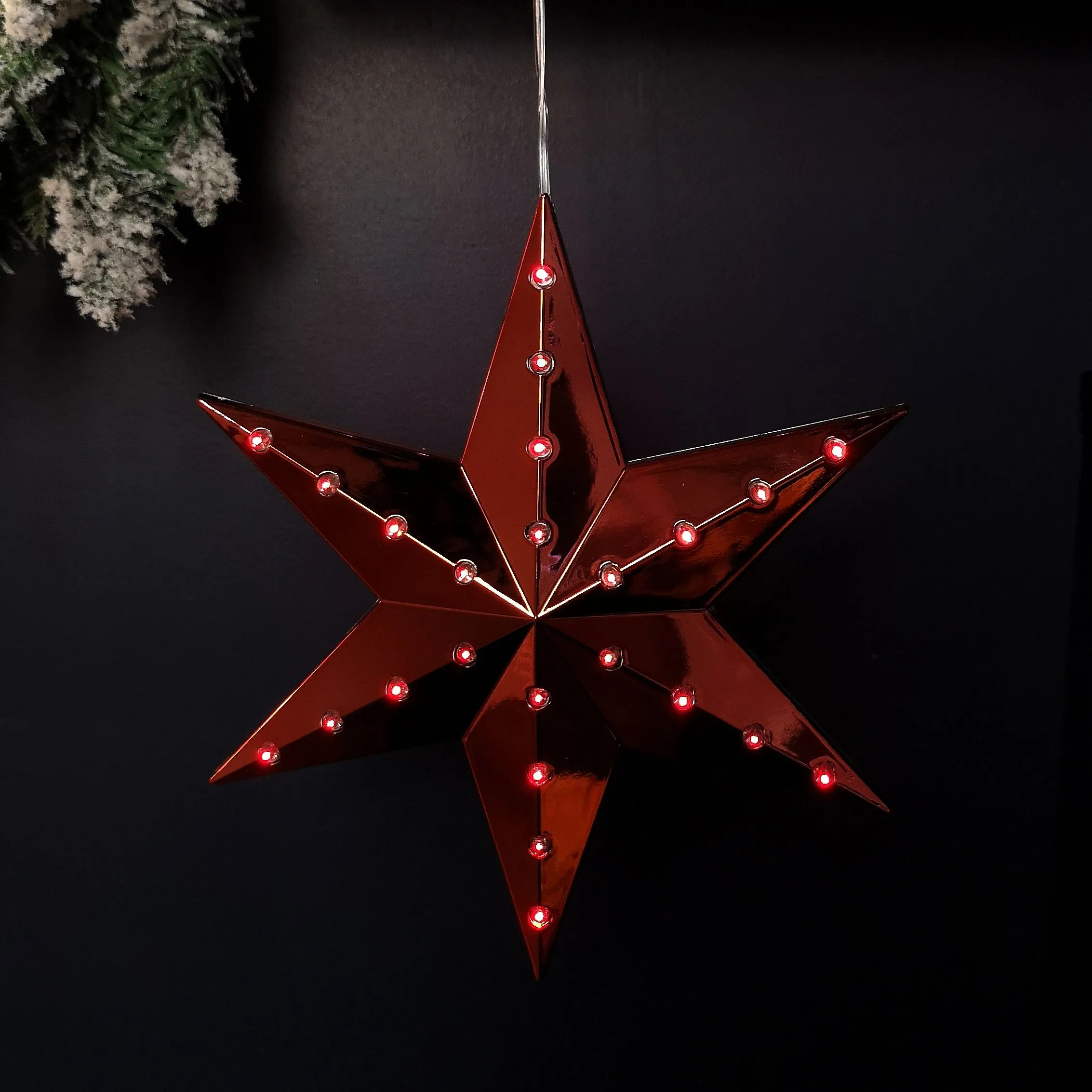 20cm Battery Operated Light up Hanging Christmas Shooting Star Bauble in Ruby with LEDs