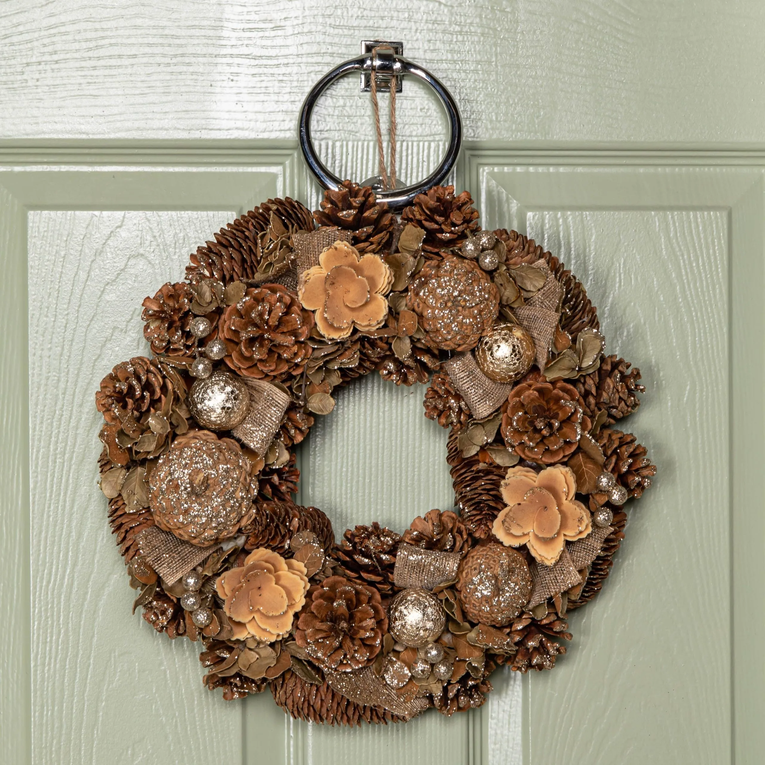 30cm Hanging Christmas Gold Fest Wreath with Pinecones and Gold Berries