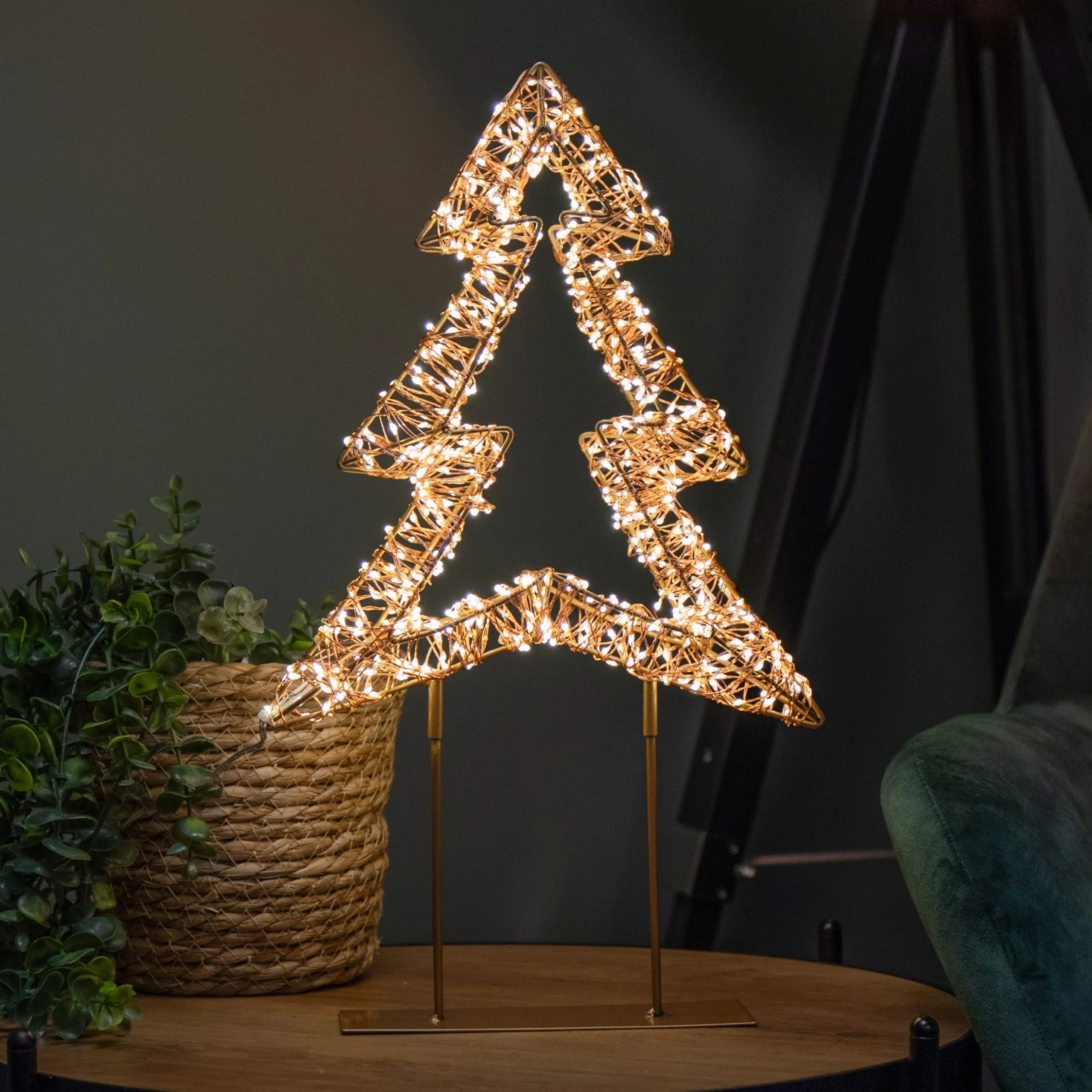 Light up Rose Gold Tree on Metal Stand with Twinkling Warm White LEDs