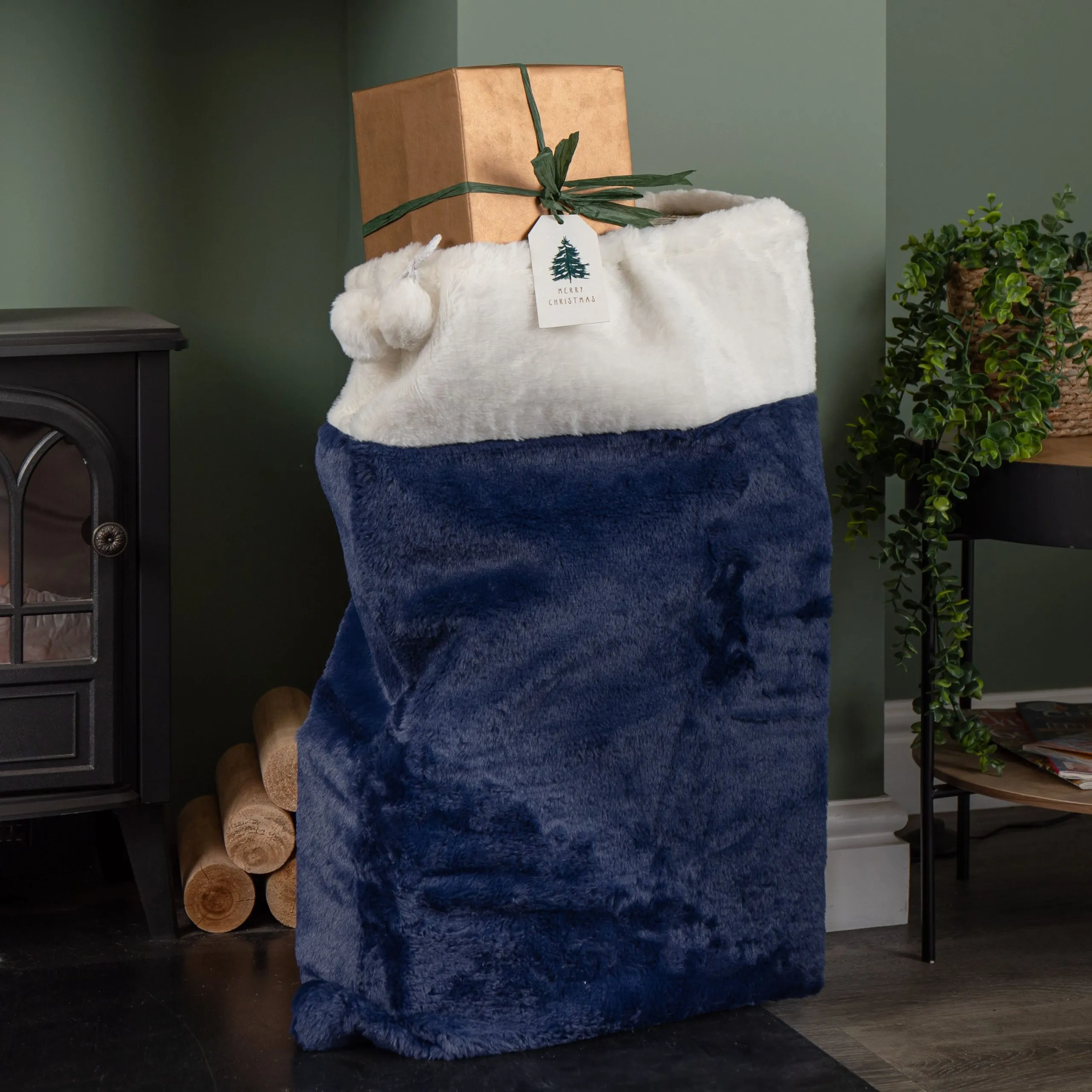 Blue Soft Plush Christmas Sack with White Faux Fur Trim and Pom Poms