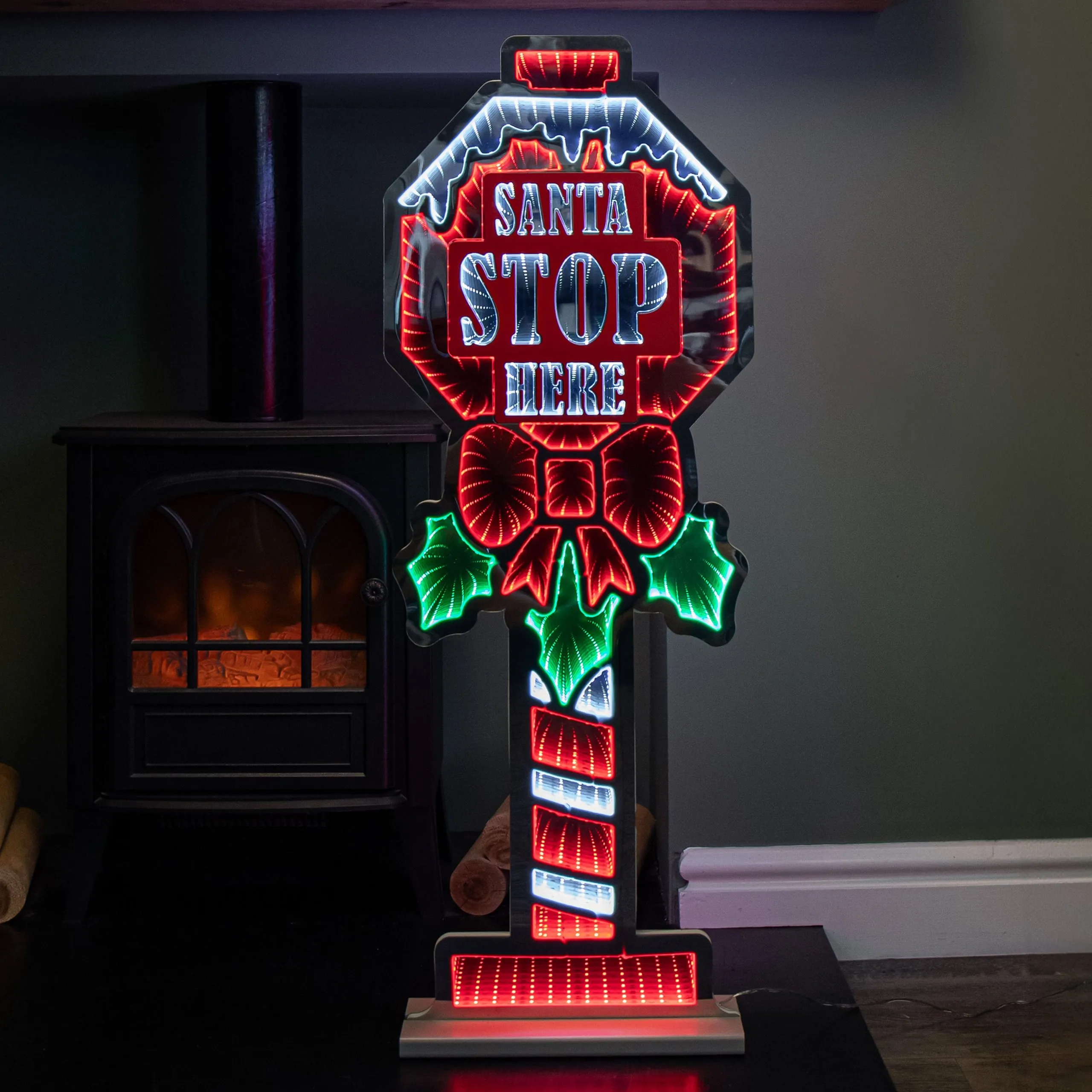 Light up Santa Stop Here Sign Christmas Infinity Decoration with LEDs