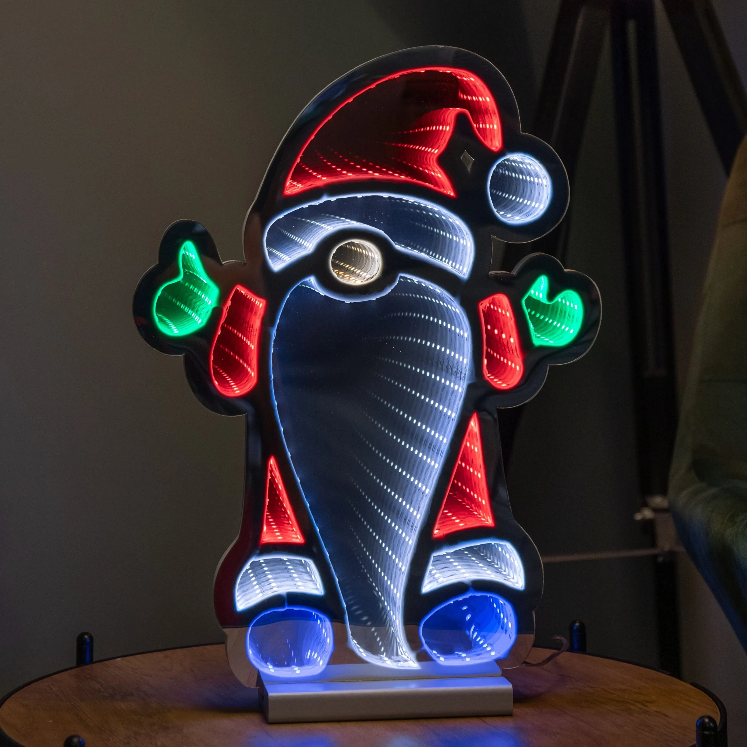 Light up Standing Gnome Infinity Decoration on Wooden Base with LEDs