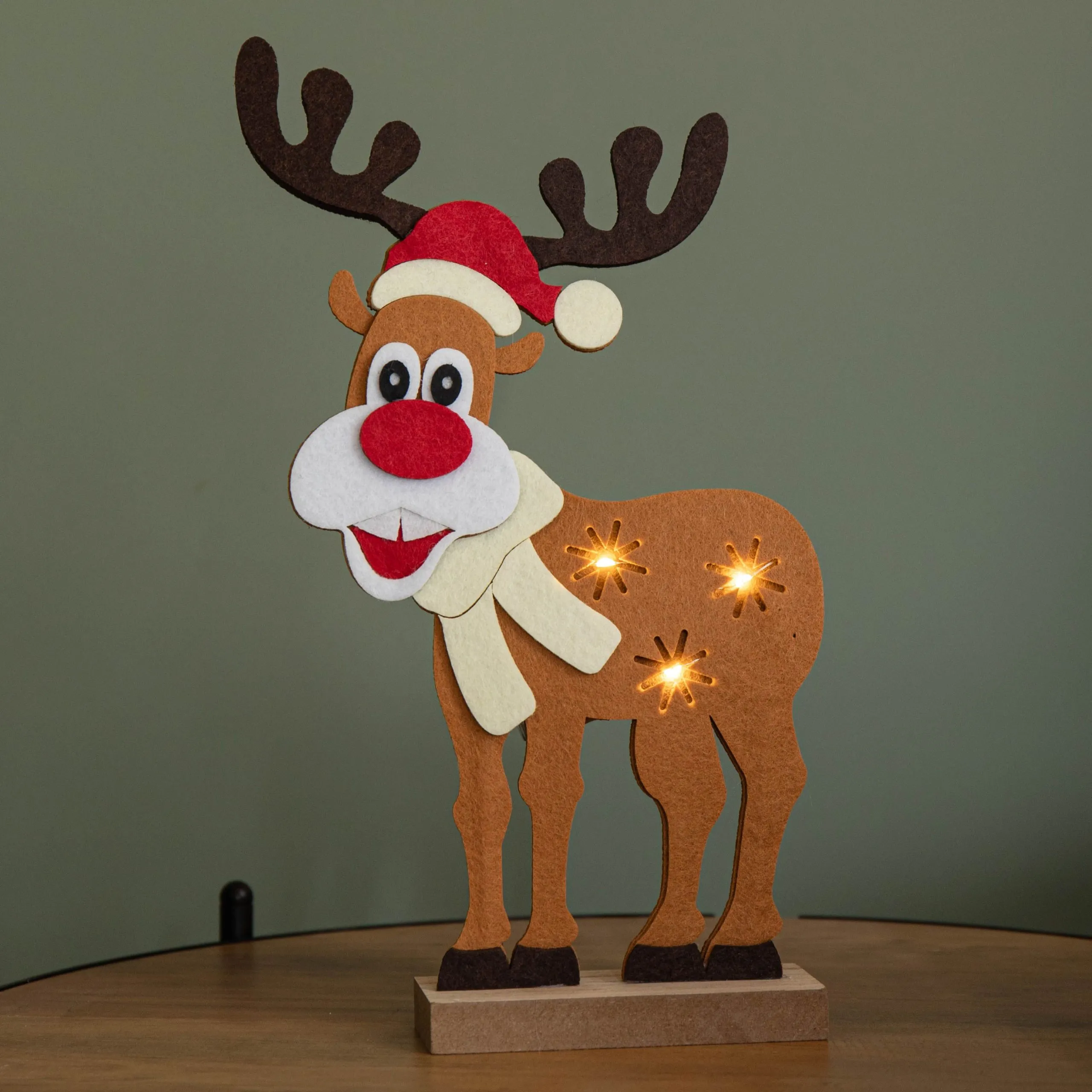 Premier 32cm Felt Reindeer with Santa Hat and 3 Warm White LED