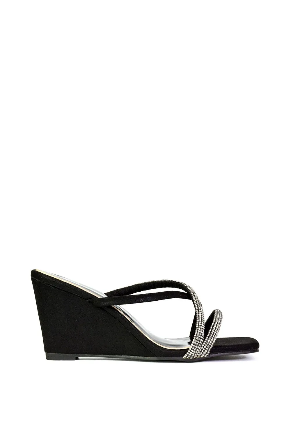 'Kinsley' Diamante Strappy Square Toe Sandal Wedge Heels